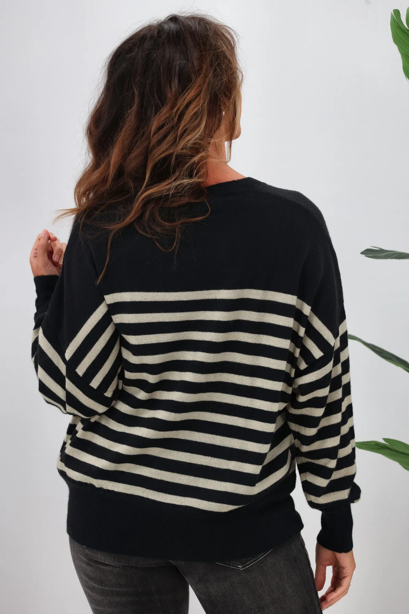 Alpine by Shine On Georgia Striped Merino Batwing Top Midnight Oatmeal