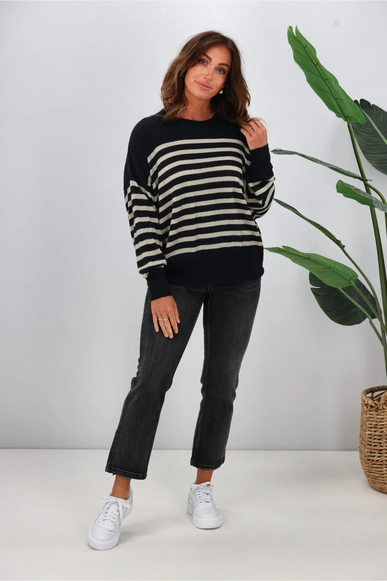 Alpine by Shine On Georgia Striped Merino Batwing Top Midnight Oatmeal