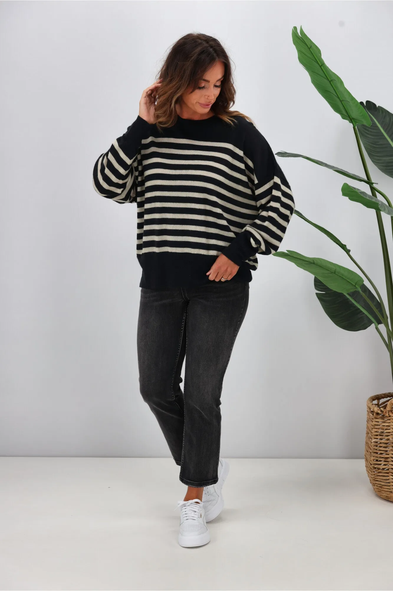 Alpine by Shine On Georgia Striped Merino Batwing Top Midnight Oatmeal