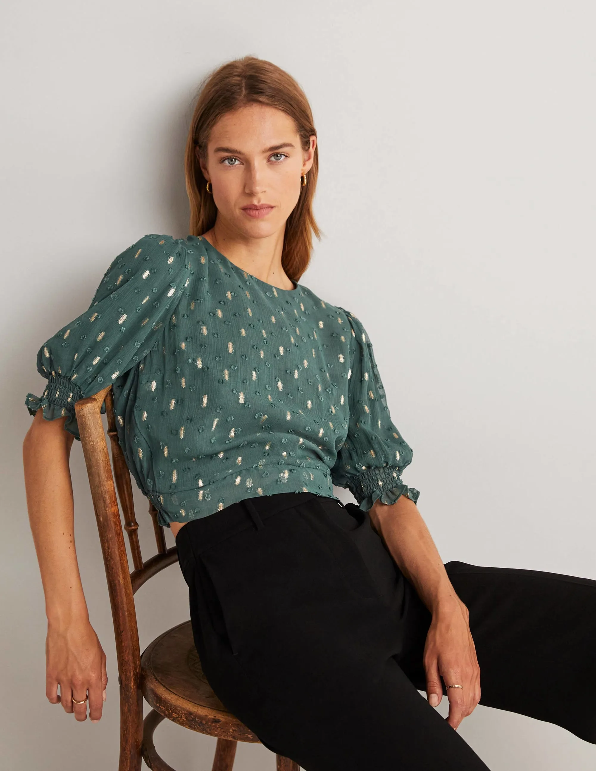 Cropped Metallic Smocked Top-Deep Forest and Gold Clip