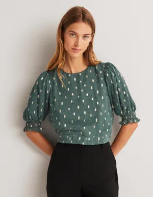 Cropped Metallic Smocked Top-Deep Forest and Gold Clip