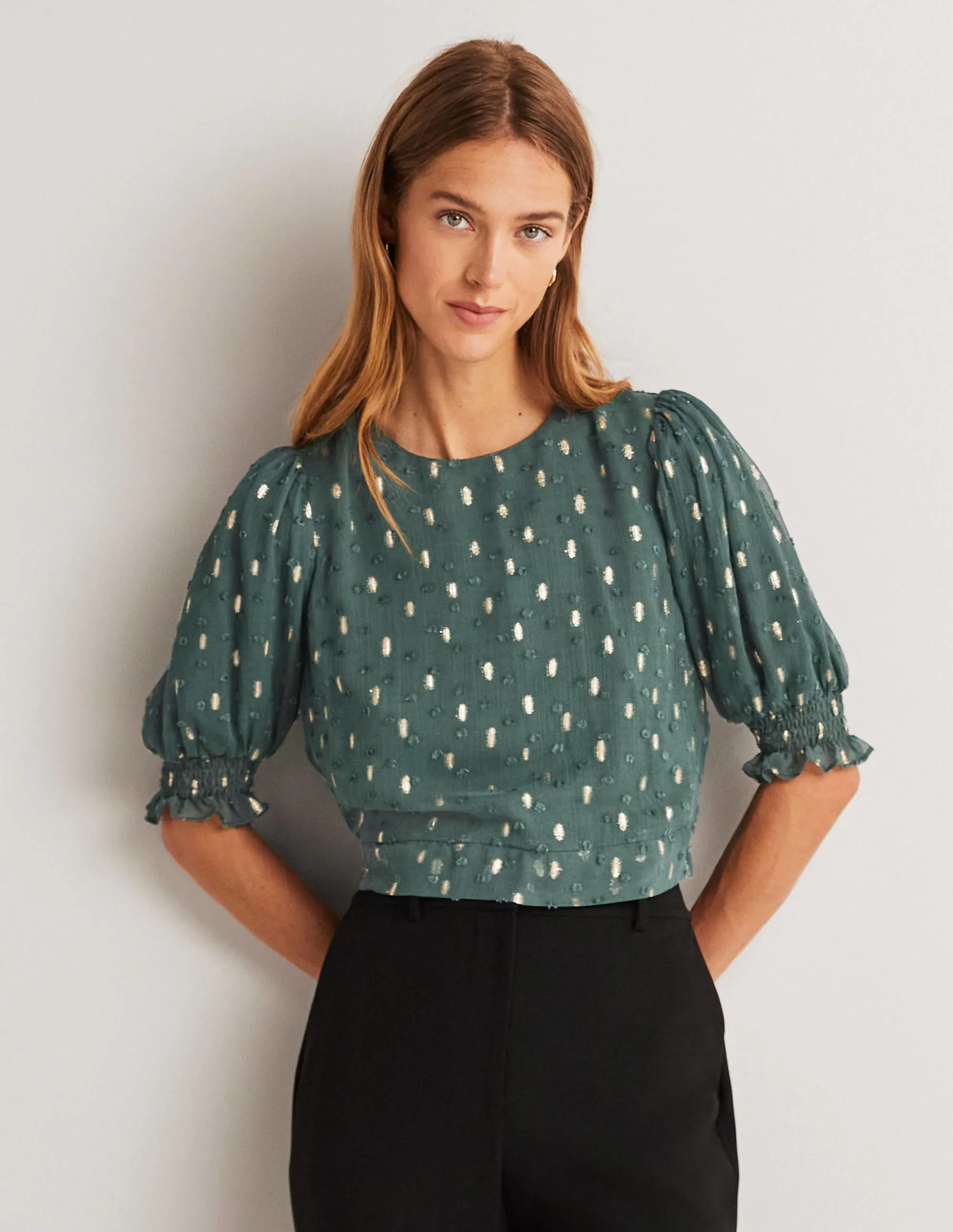Cropped Metallic Smocked Top-Deep Forest and Gold Clip