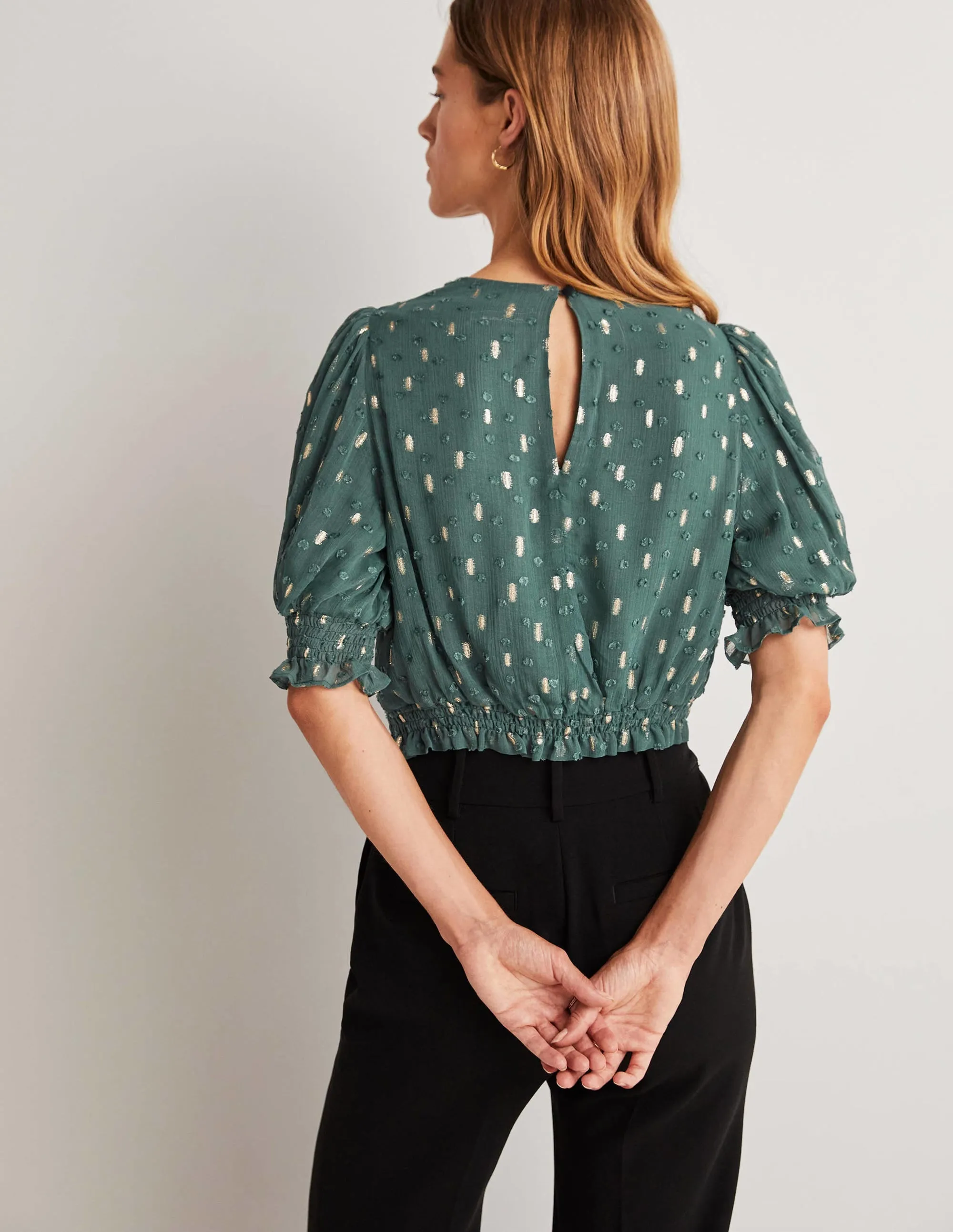 Cropped Metallic Smocked Top-Deep Forest and Gold Clip