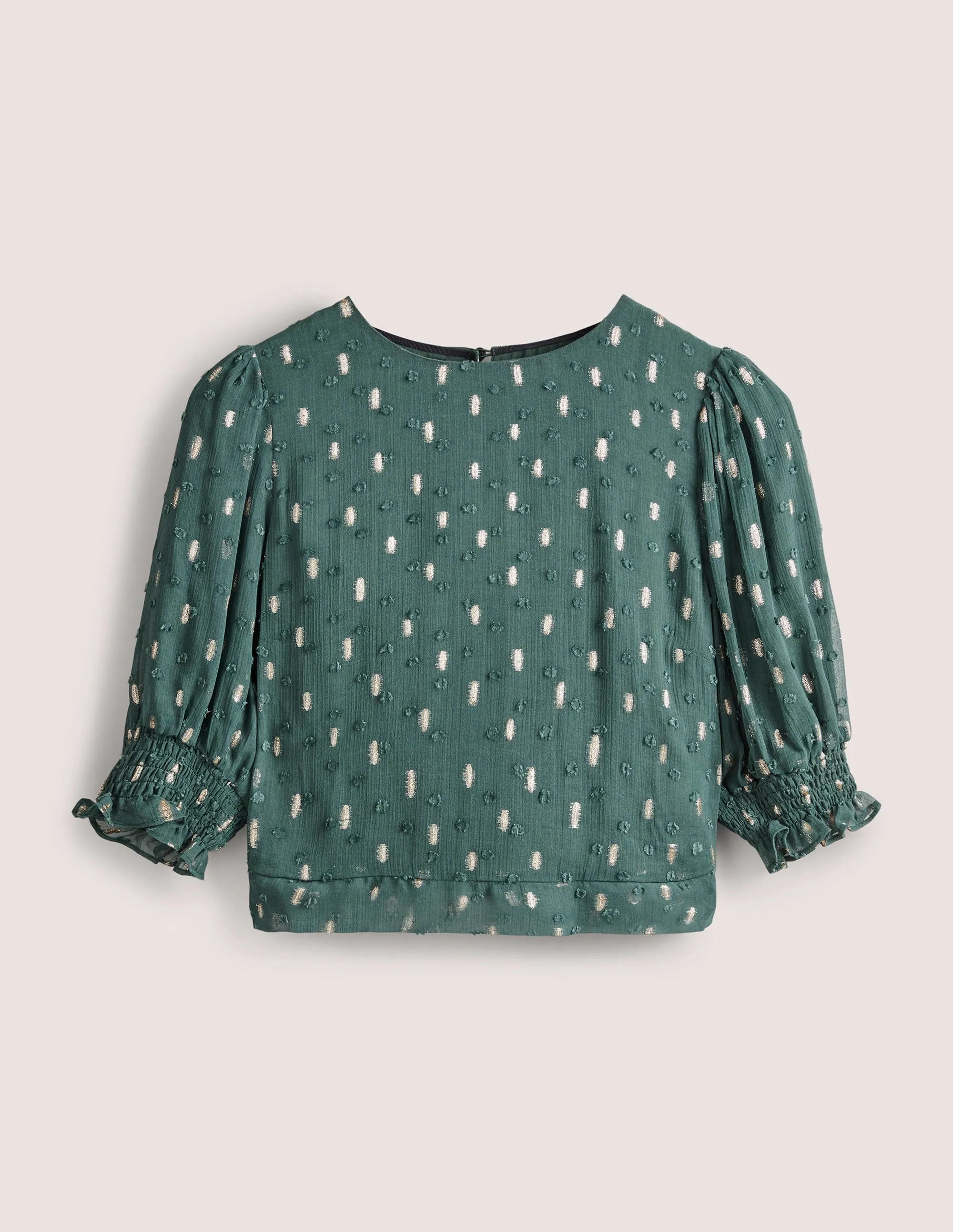 Cropped Metallic Smocked Top-Deep Forest and Gold Clip