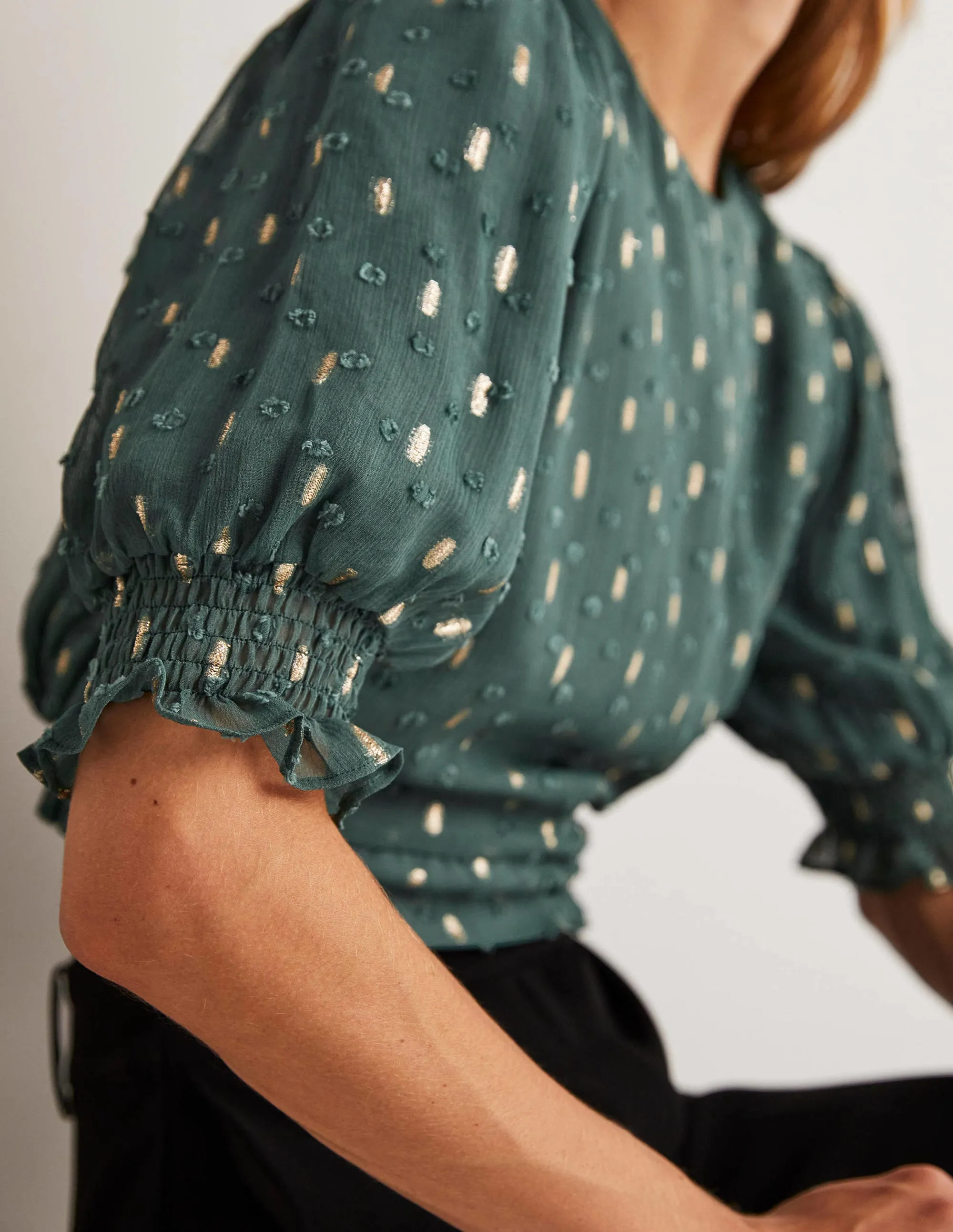 Cropped Metallic Smocked Top-Deep Forest and Gold Clip