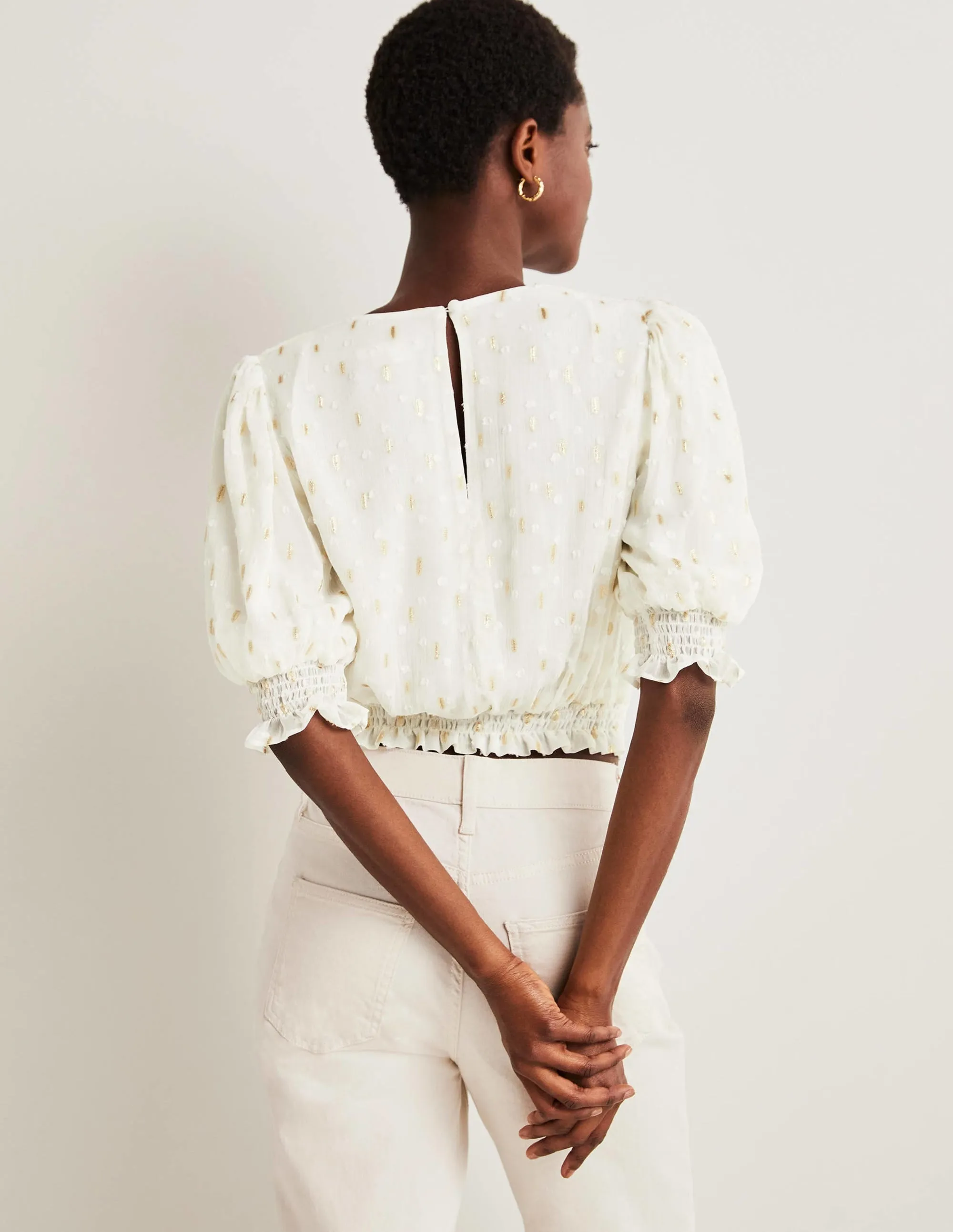 Cropped Metallic Smocked Top-Ivory and Gold Clip