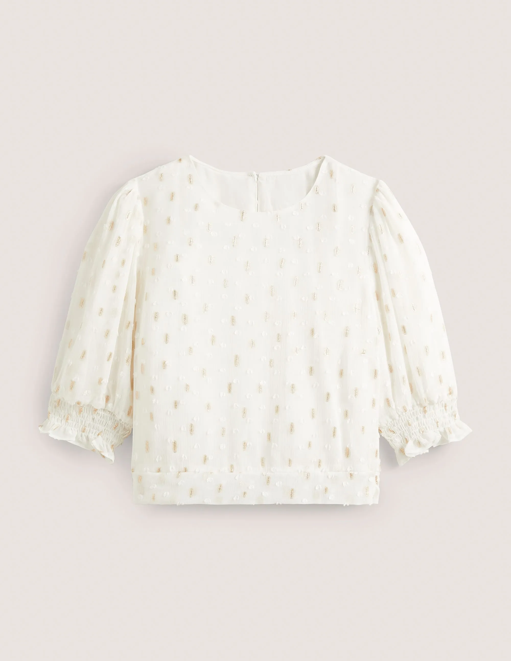 Cropped Metallic Smocked Top-Ivory and Gold Clip
