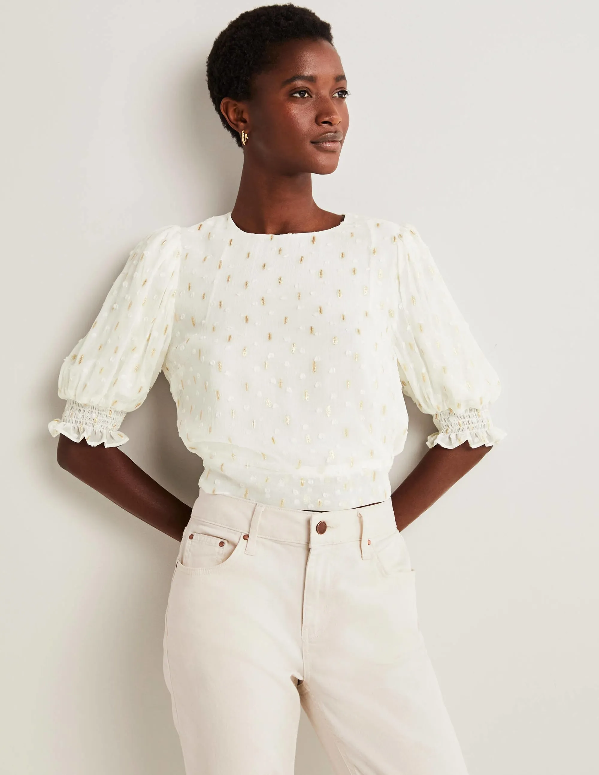 Cropped Metallic Smocked Top-Ivory and Gold Clip