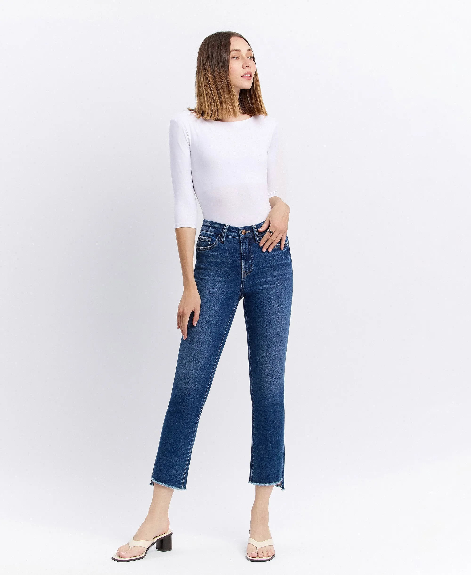 Encouragingly - High Rise Raw Step Hem Slim Straight Jeans