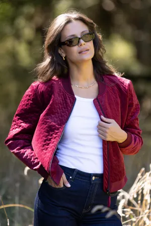 Gloss the Label James Quilted Velvet Bomber Jacket Deep Rose