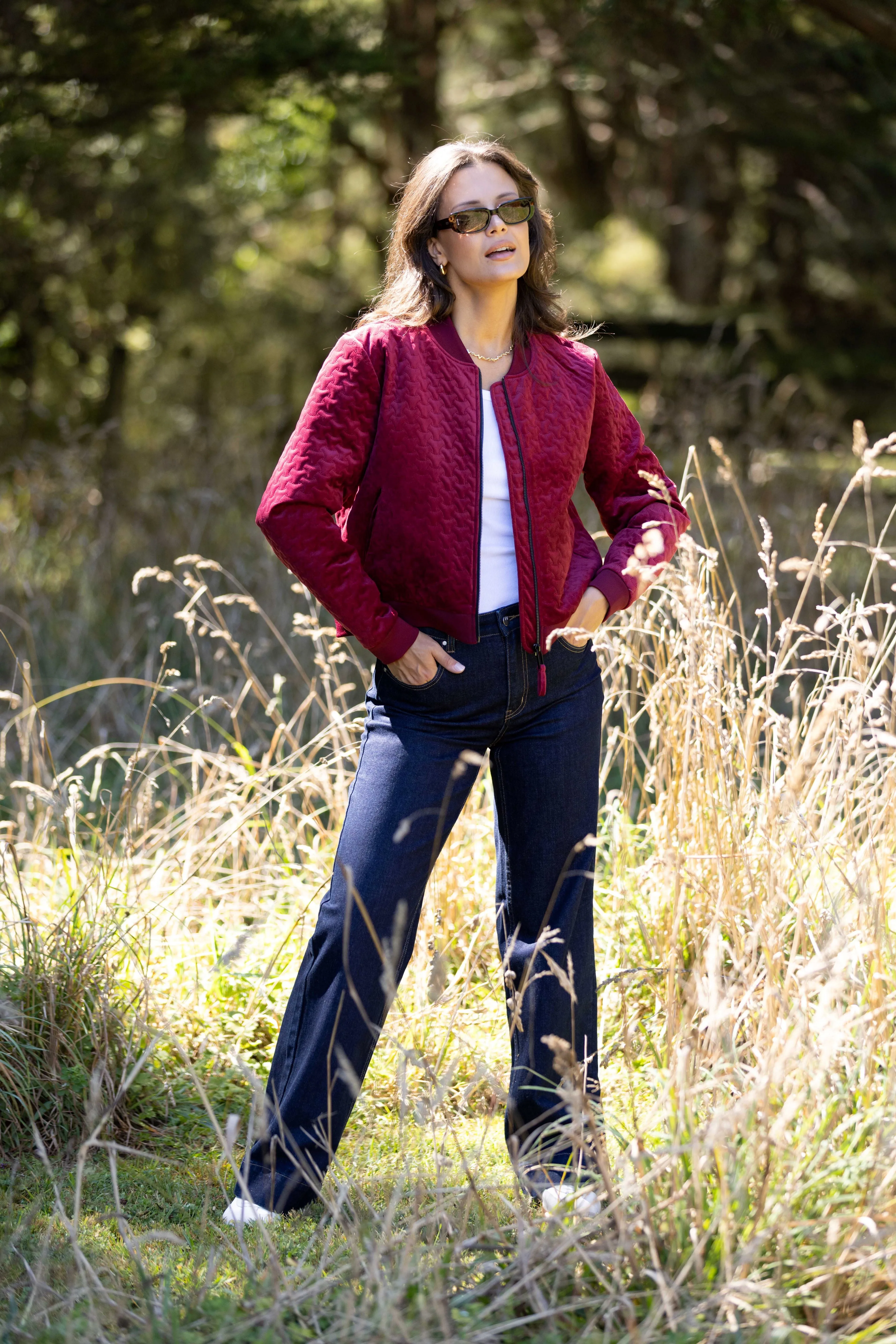 Gloss the Label James Quilted Velvet Bomber Jacket Deep Rose