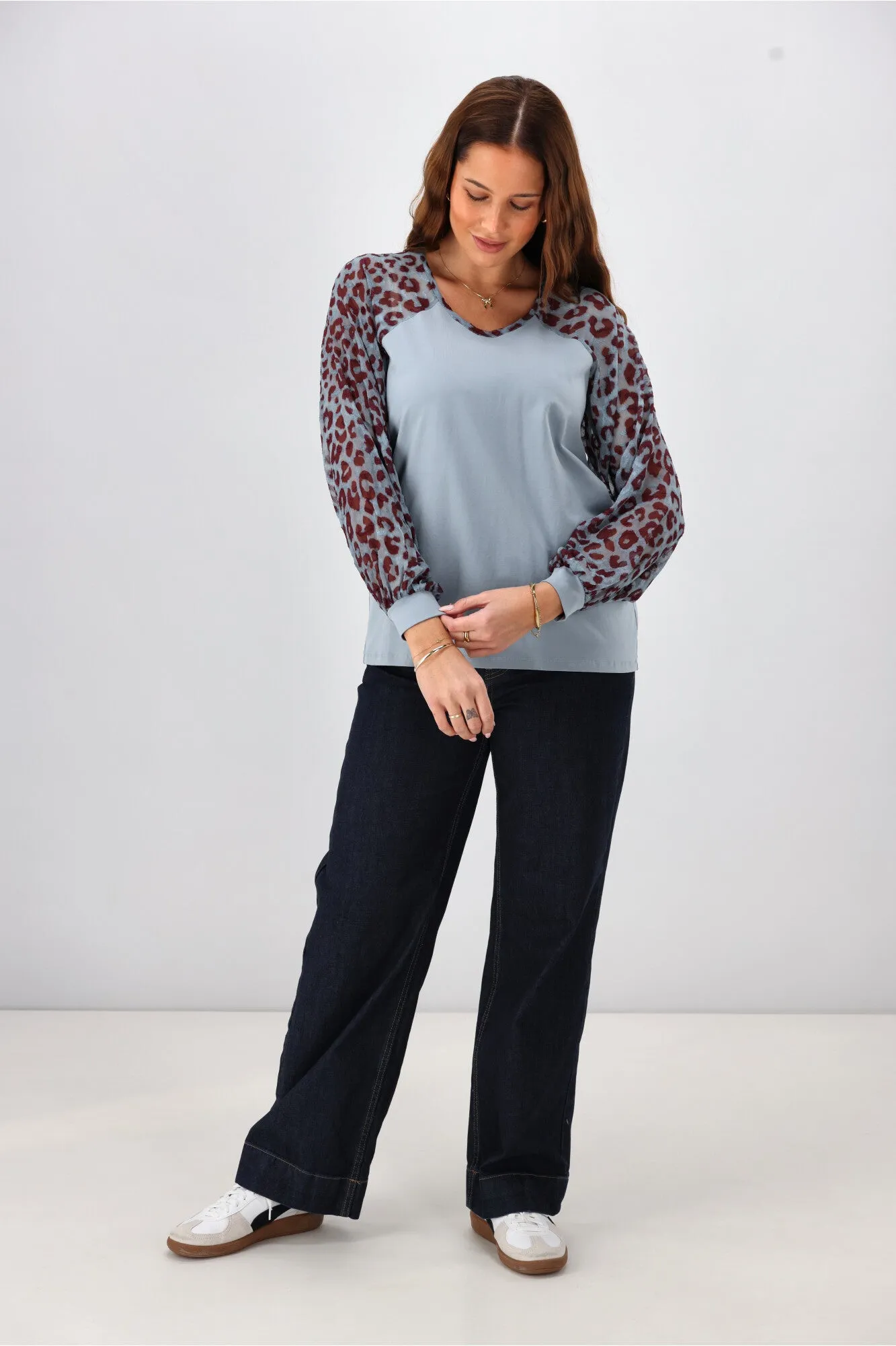 Gloss The Label Sutton Balloon Sleeve Top Blue Animal Print