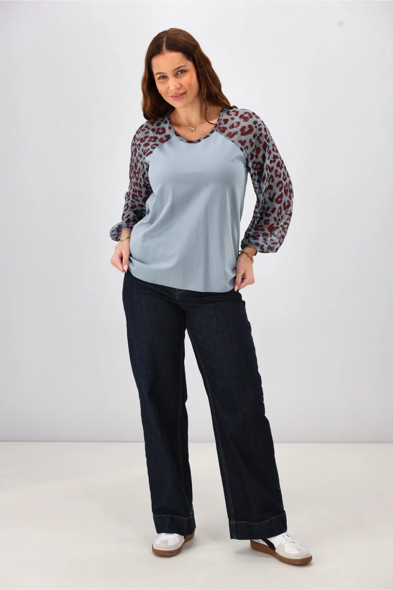 Gloss The Label Sutton Balloon Sleeve Top Blue Animal Print