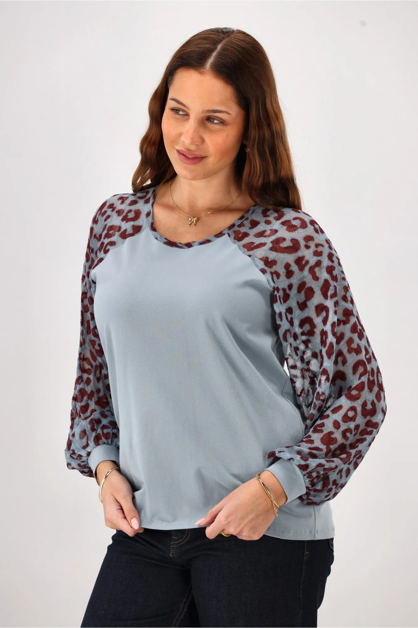 Gloss The Label Sutton Balloon Sleeve Top Blue Animal Print