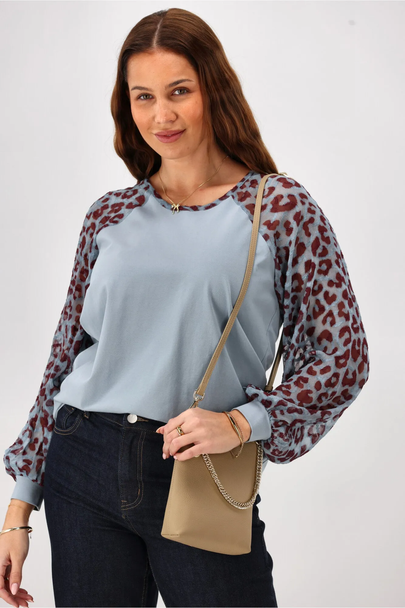 Gloss The Label Sutton Balloon Sleeve Top Blue Animal Print