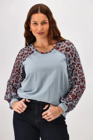 Gloss The Label Sutton Balloon Sleeve Top Blue Animal Print