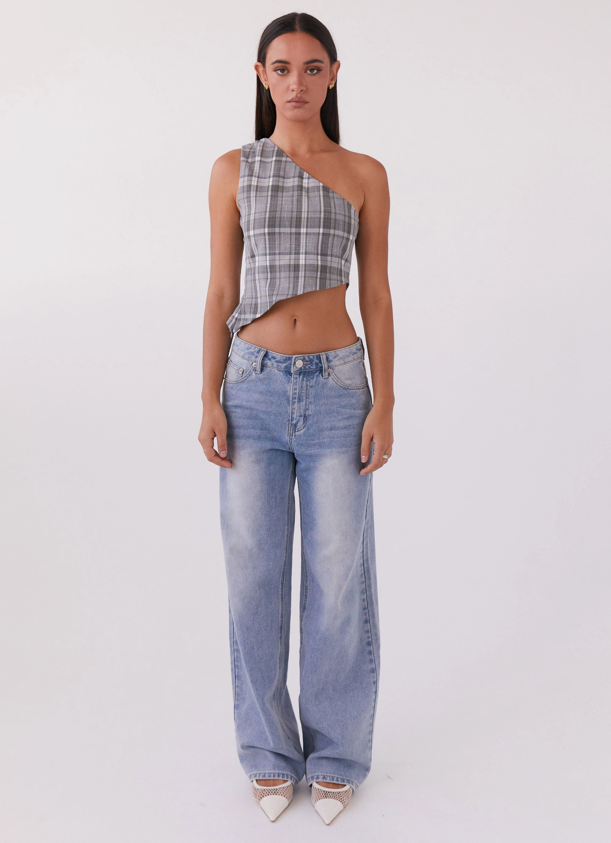 Got Me Started One Shoulder Top - Grey Plaid