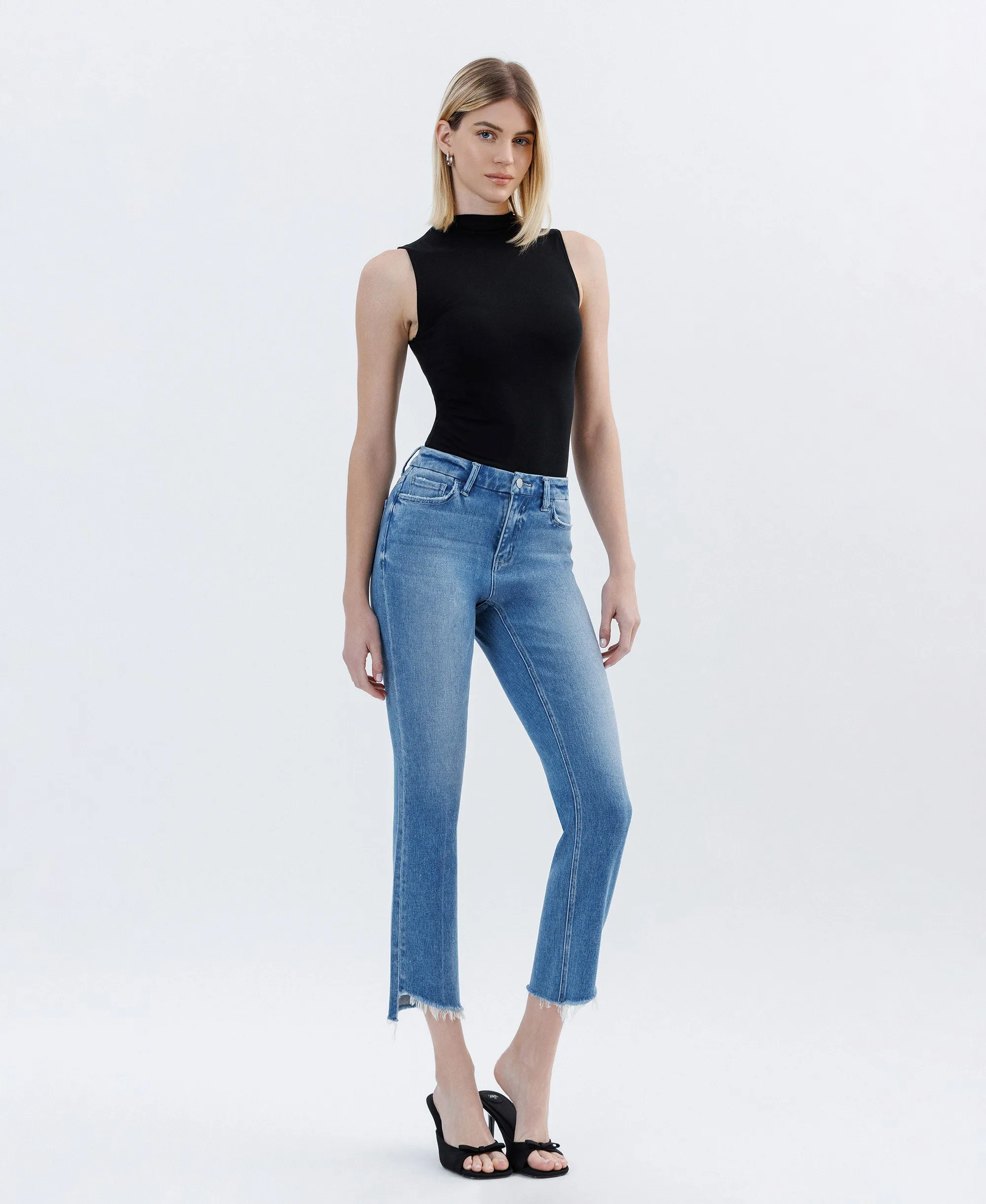 Instinctive - High Rise Raw Slant Hem Slim Straight Jeans