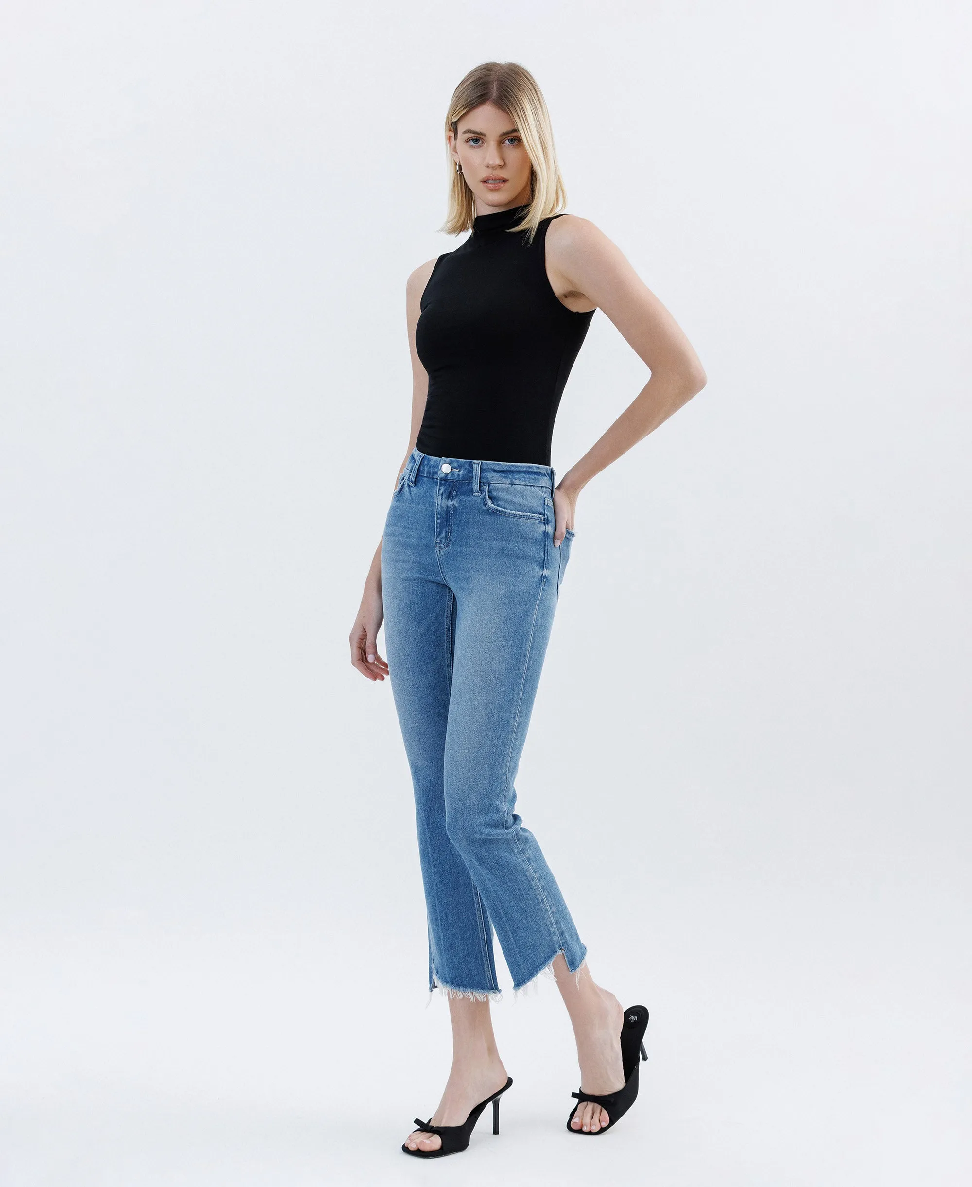 Instinctive - High Rise Raw Slant Hem Slim Straight Jeans