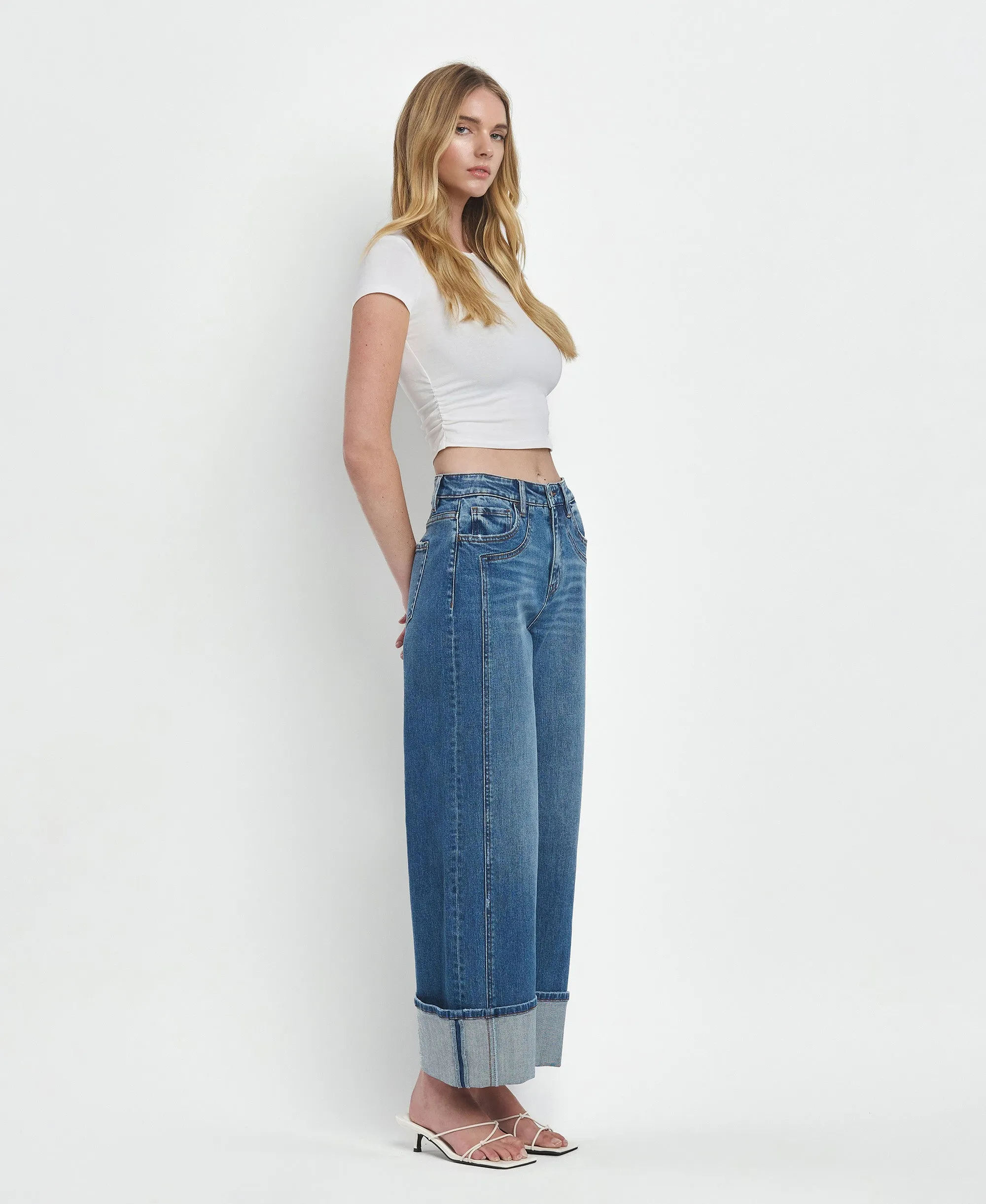 Joysome - Super High Rise Cuffed Baggy Wide Leg Jeans