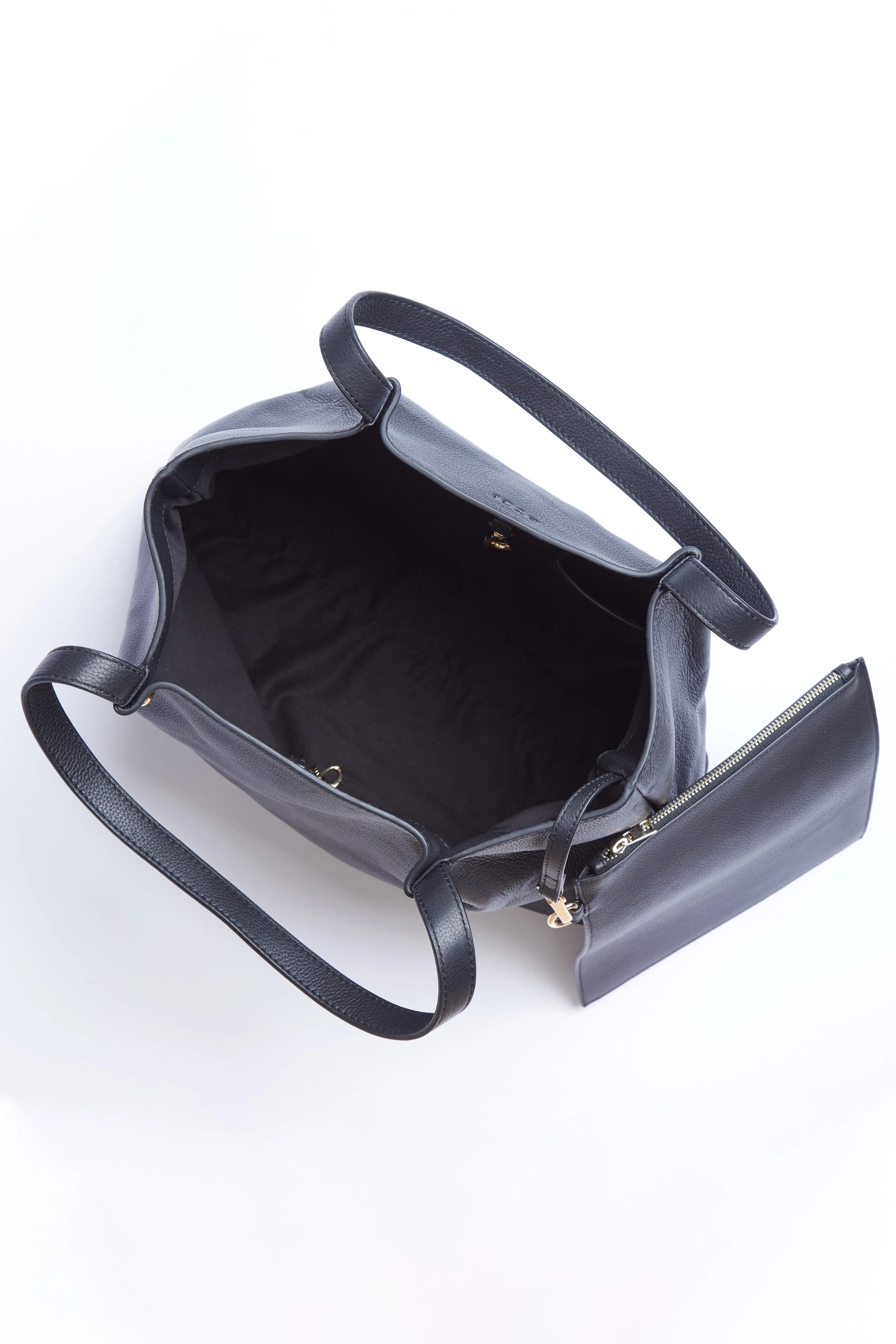 Leather Tote Bag With Pouch - Black