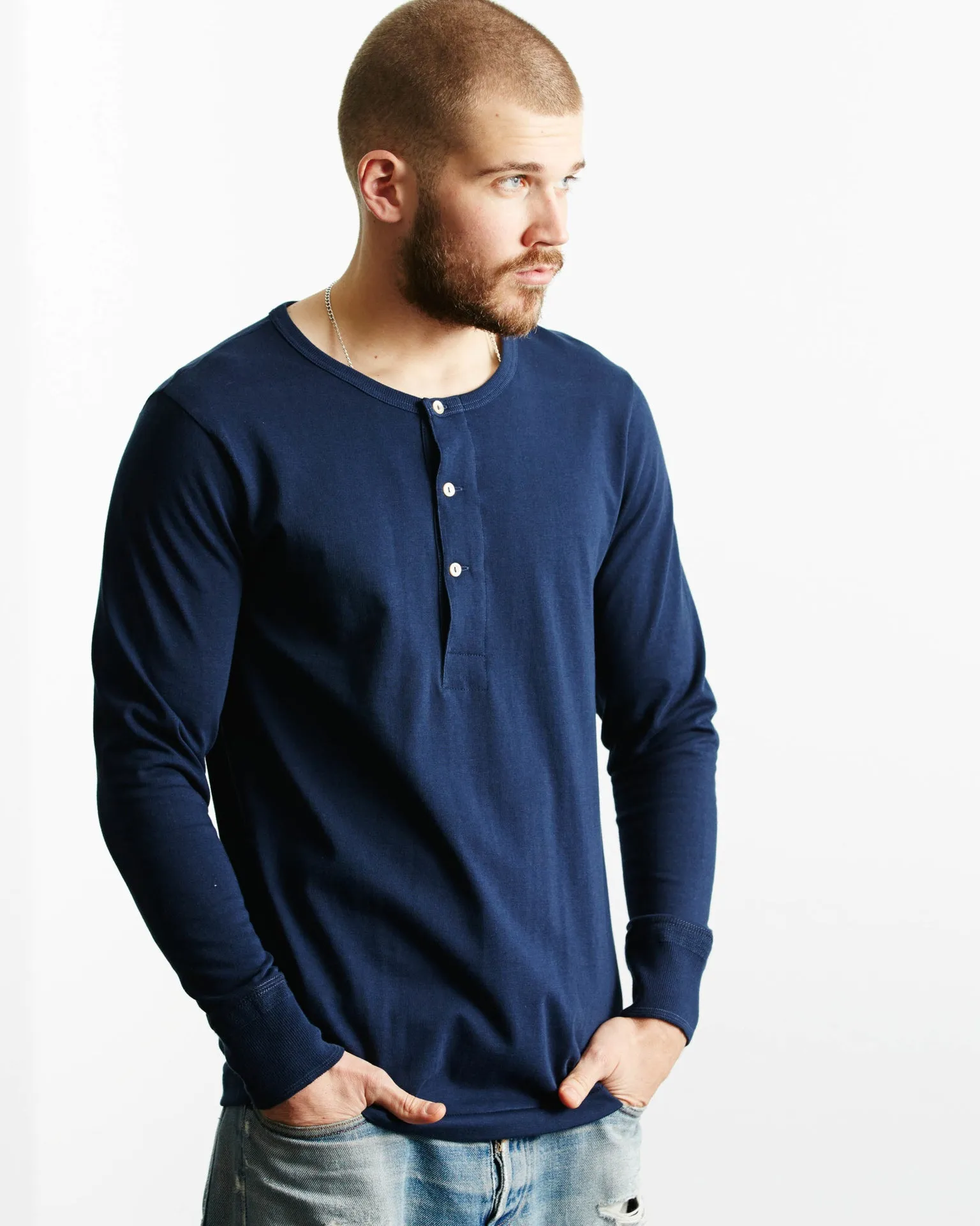 Merz b. Schwanen Good Originals 206 7.2oz Loopwheeled Henley - Ink Blue