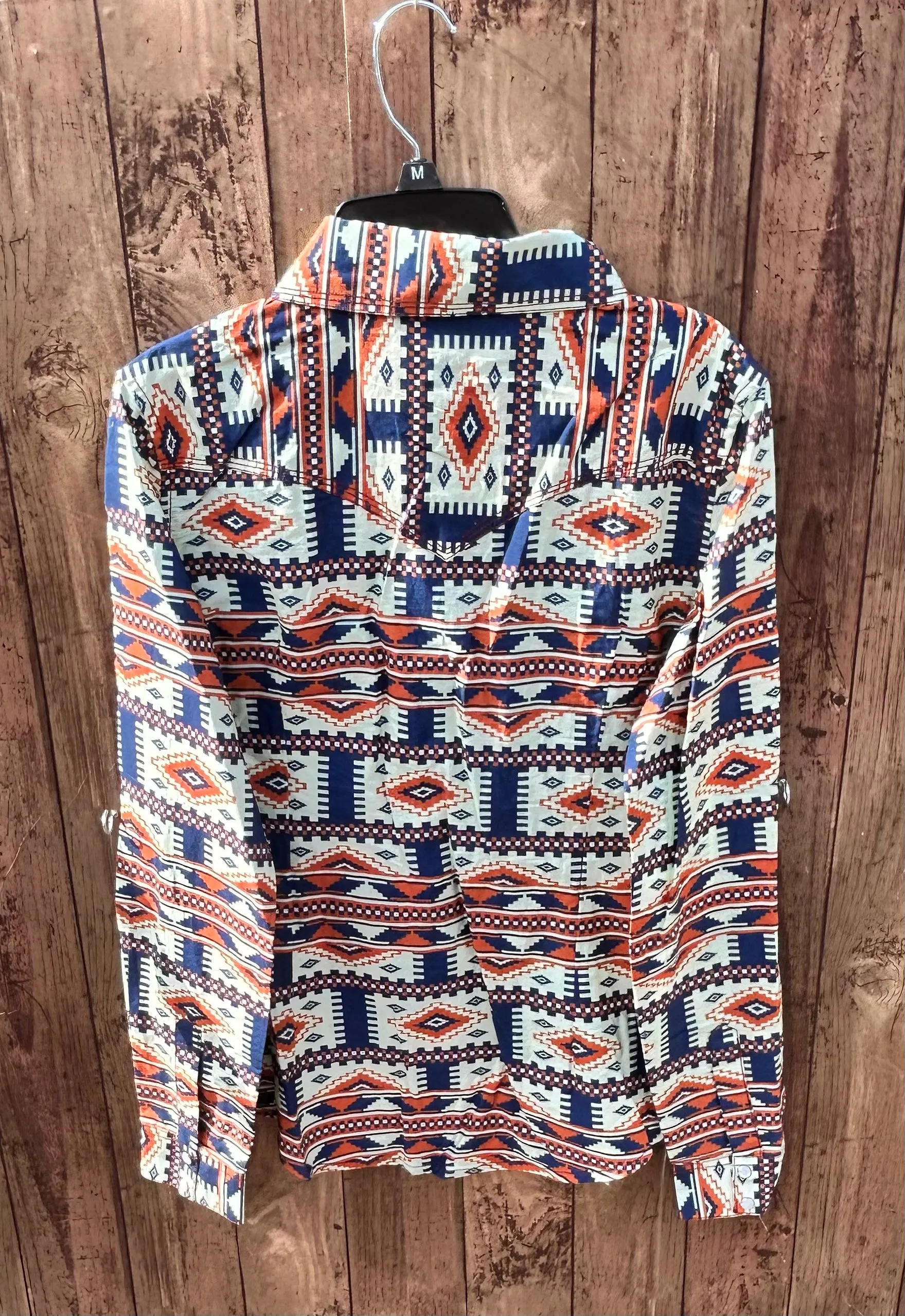 MontanaCo Ladies All Over Aztec Pattern in Orange & Navy Western Blouse L-1110