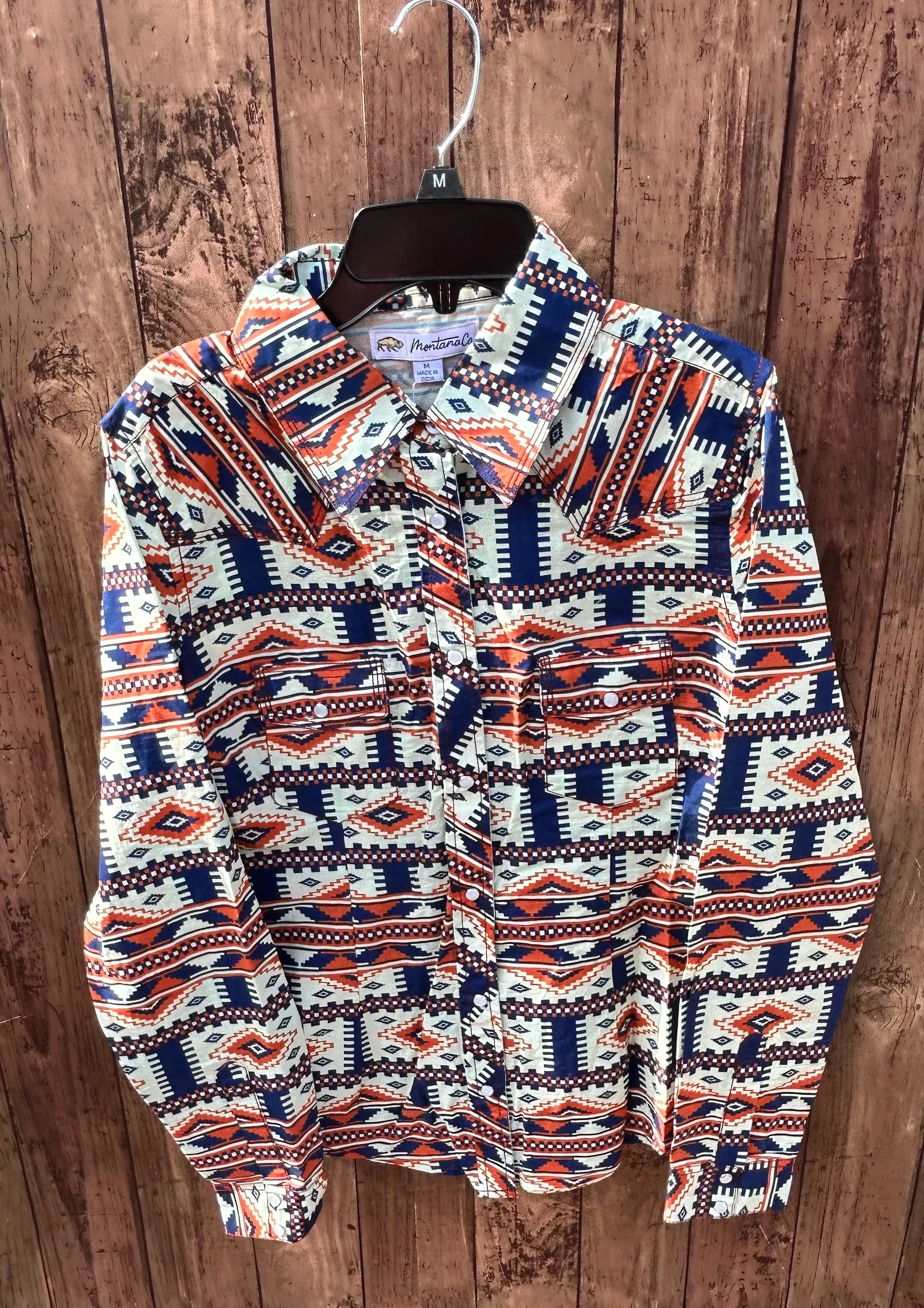 MontanaCo Ladies All Over Aztec Pattern in Orange & Navy Western Blouse L-1110