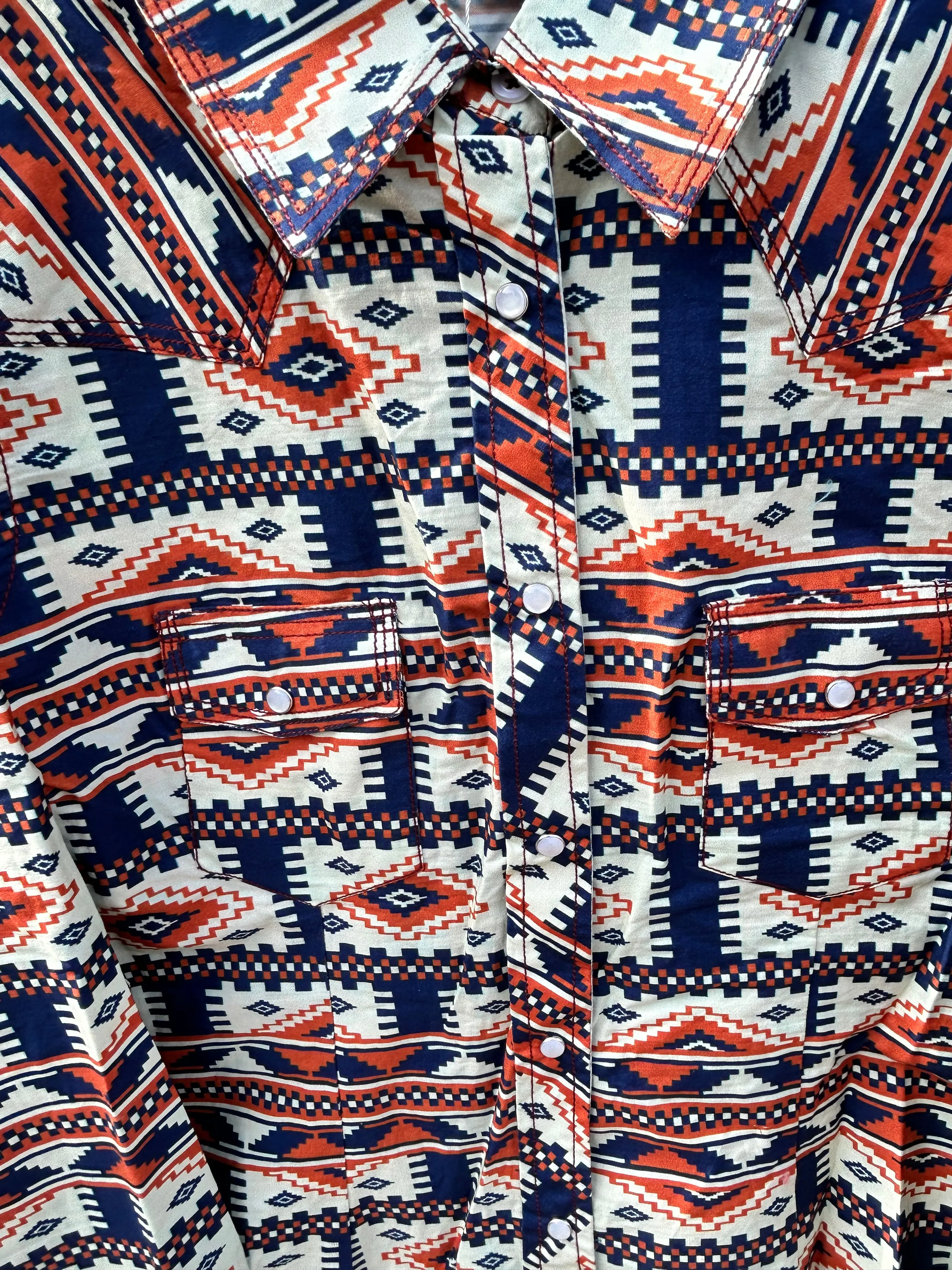 MontanaCo Ladies All Over Aztec Pattern in Orange & Navy Western Blouse L-1110