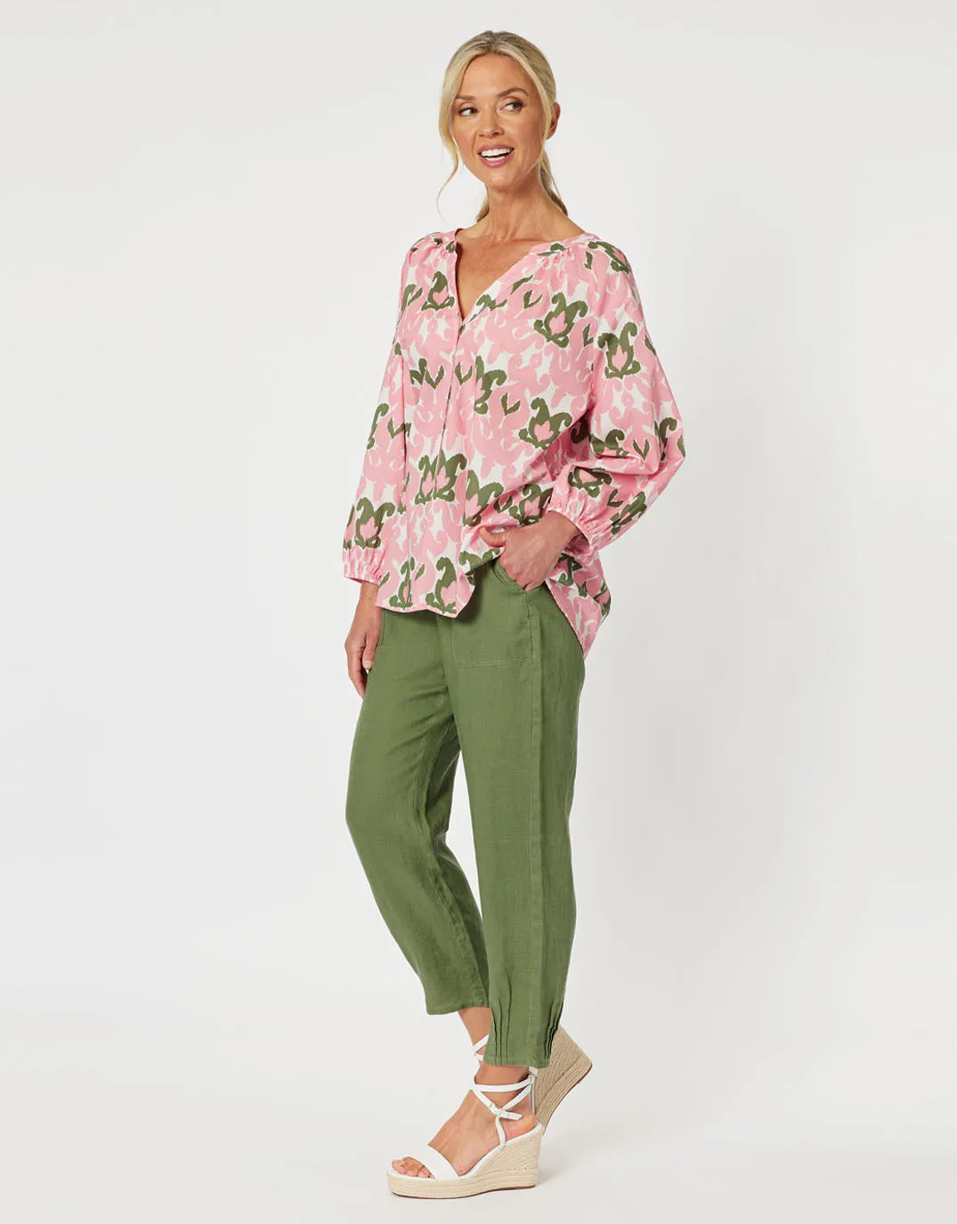 Sarah Rib Waist Linen Pants - Khaki