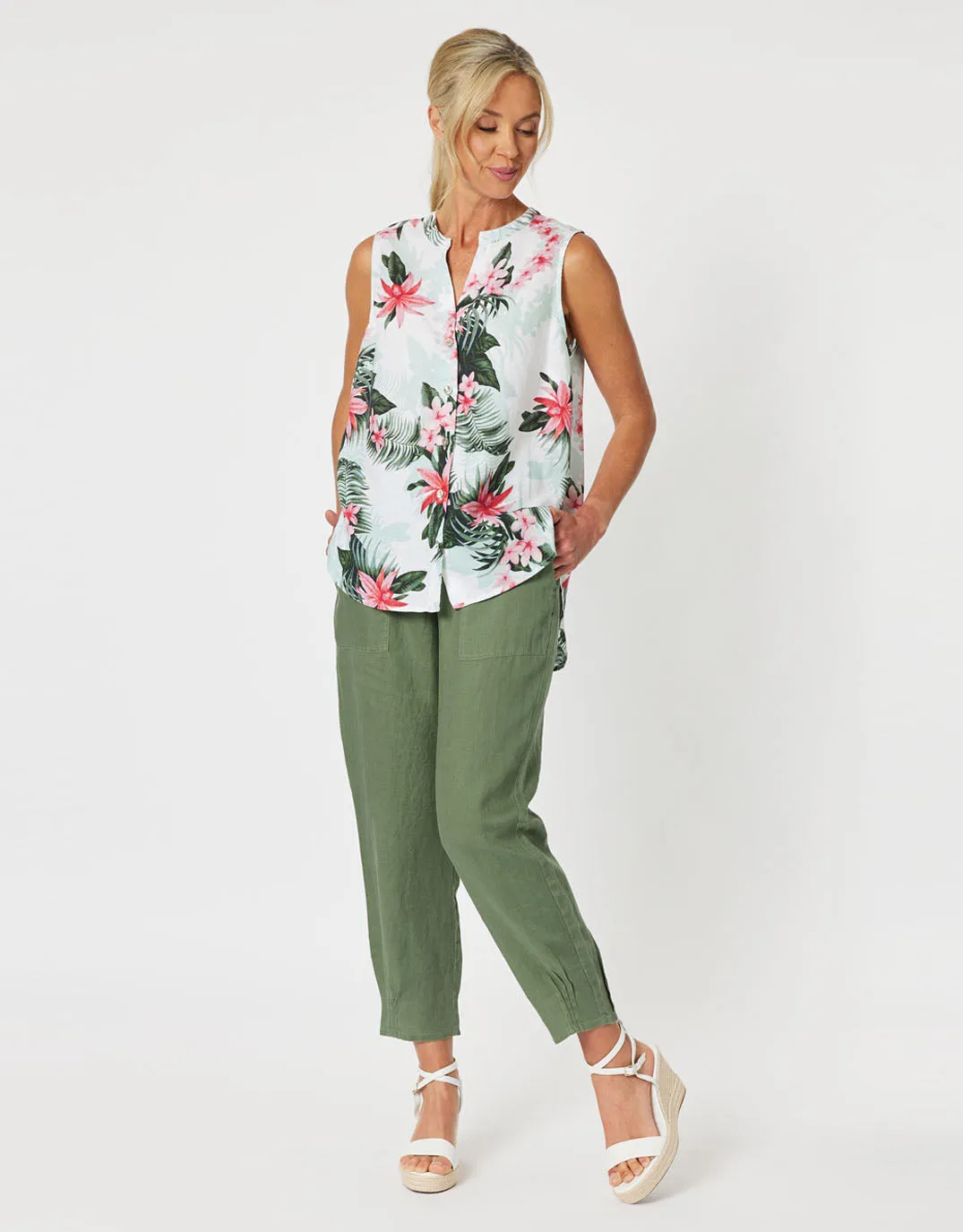 Sarah Rib Waist Linen Pants - Khaki