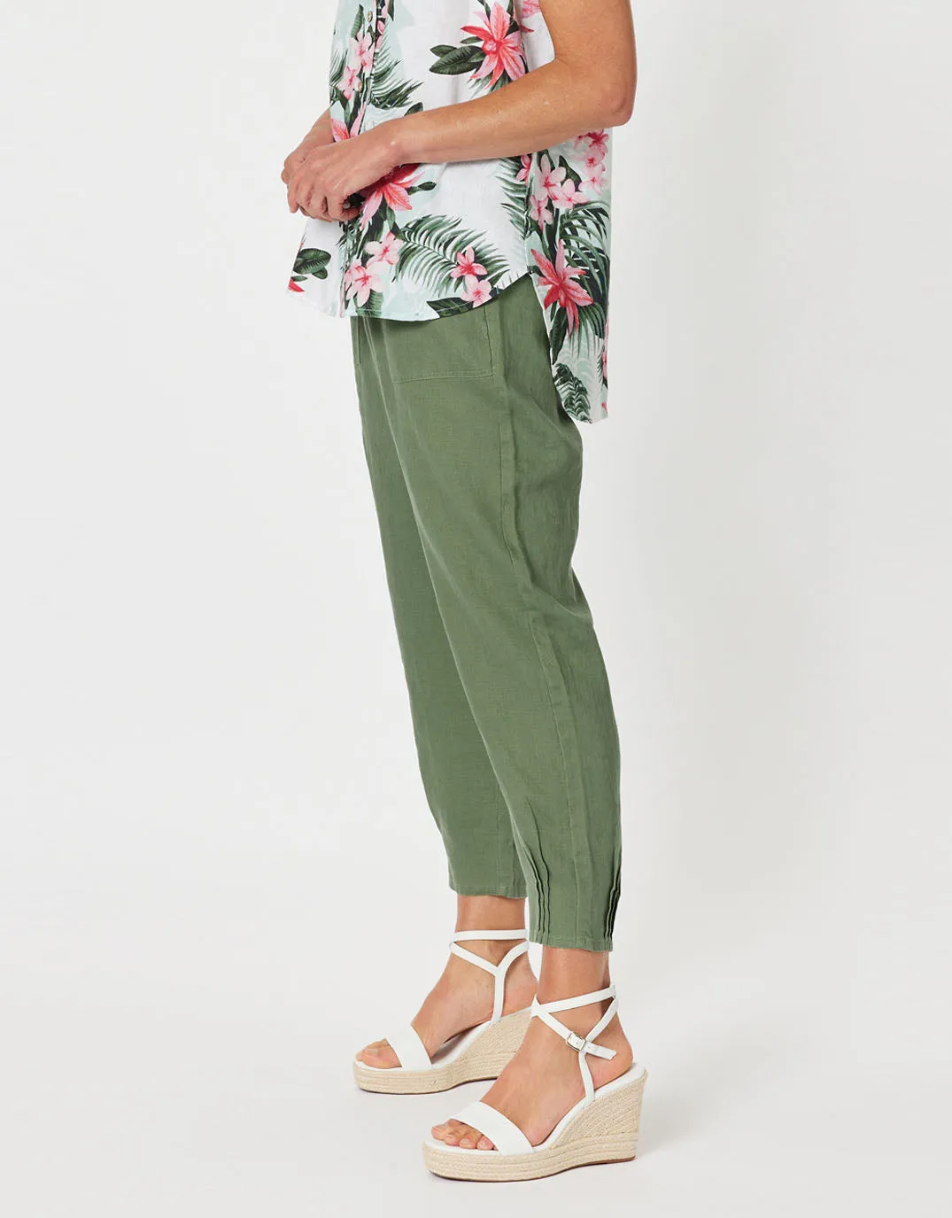 Sarah Rib Waist Linen Pants - Khaki