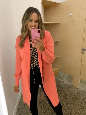 Sass Tabatha Knit Belted Midi Cardi Coral