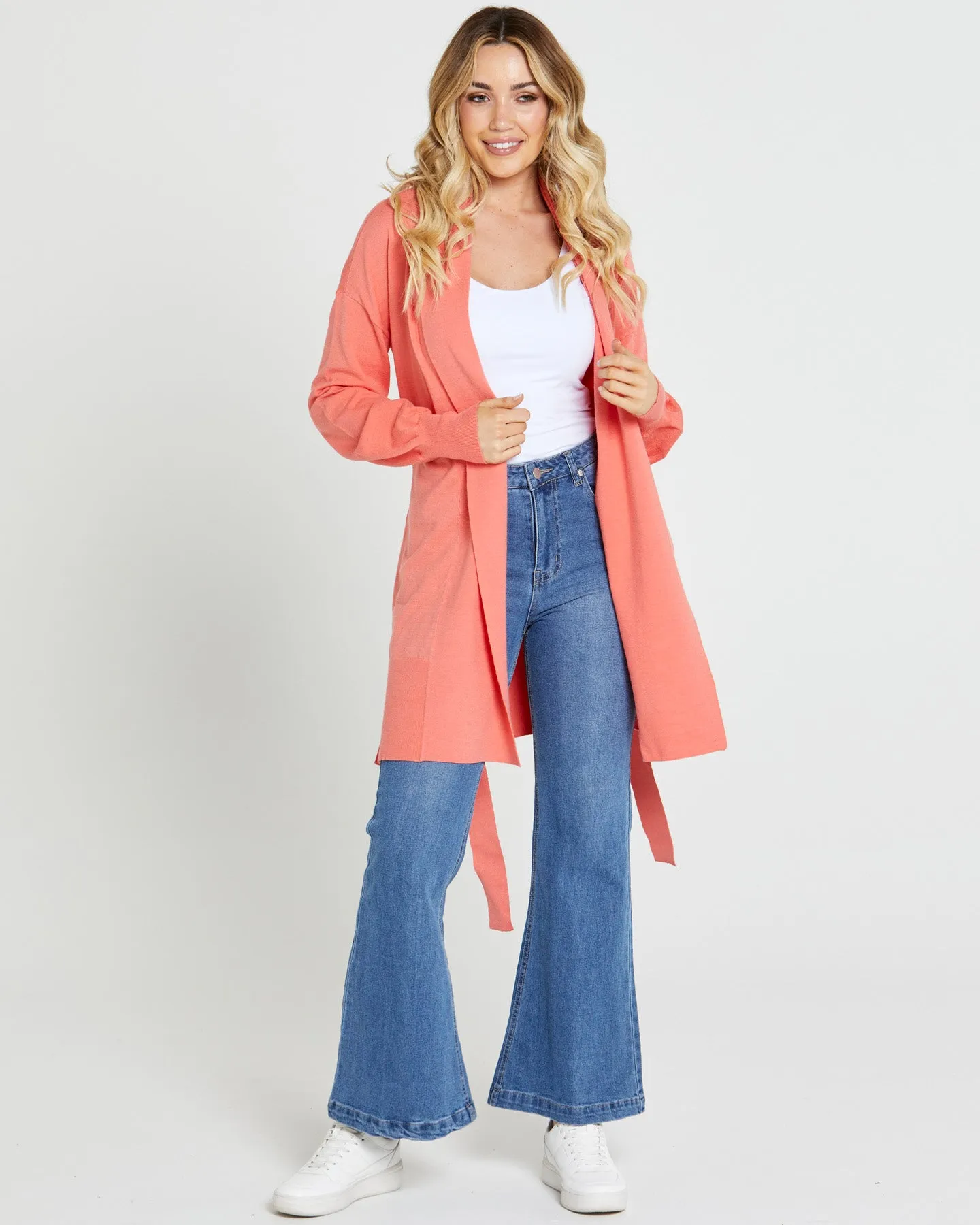 Sass Tabatha Knit Belted Midi Cardi Coral