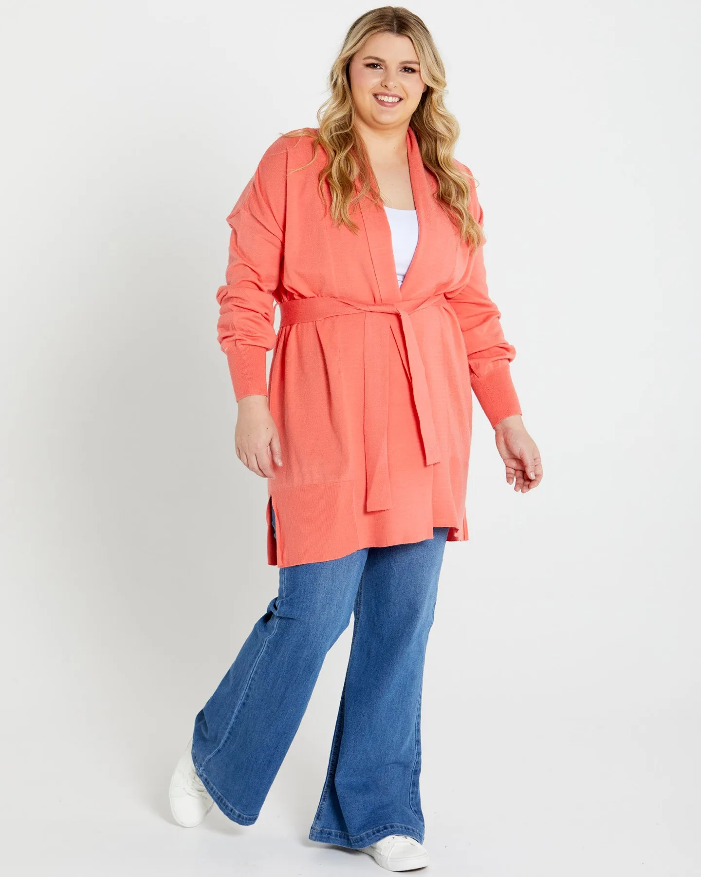 Sass Tabatha Knit Belted Midi Cardi Coral