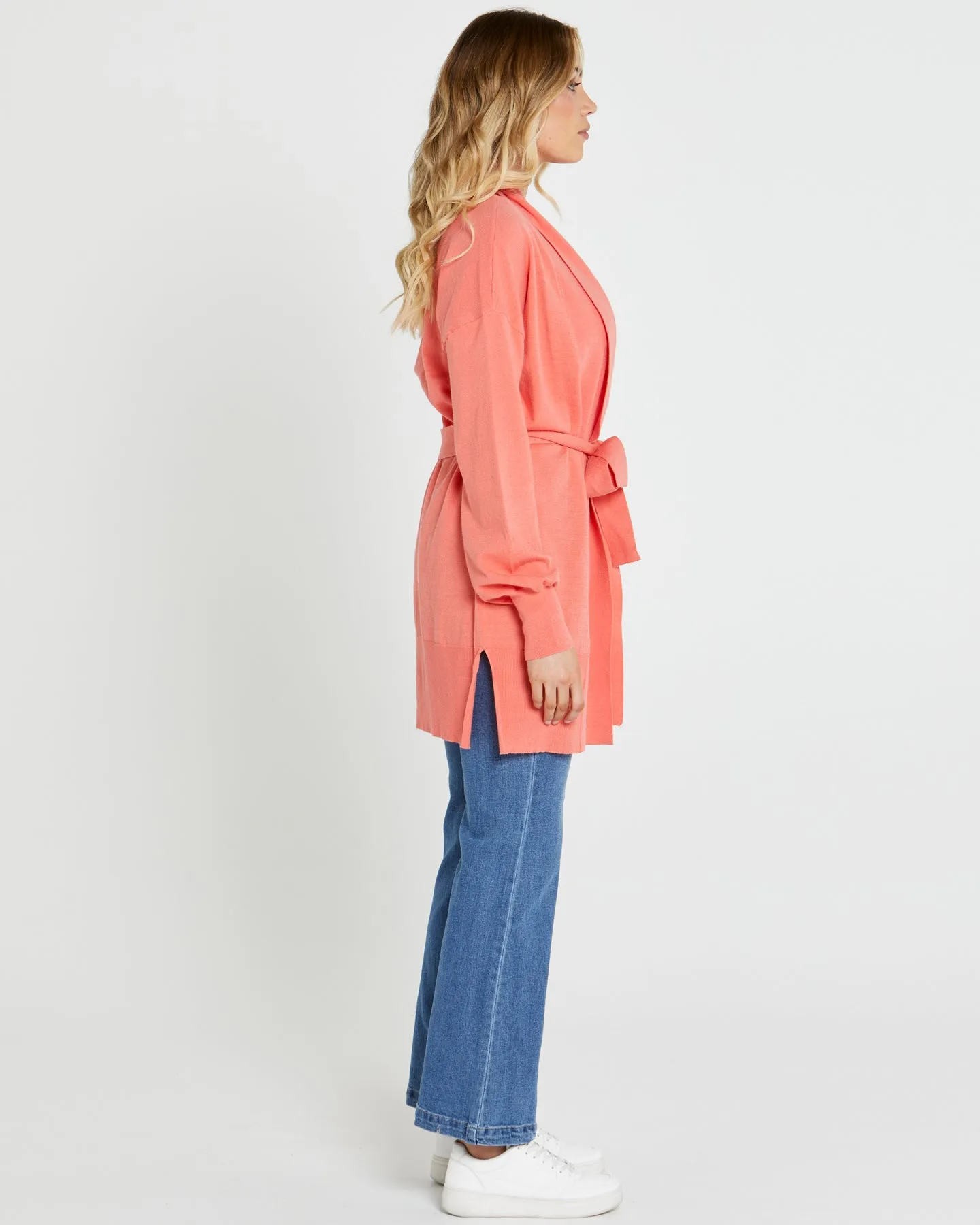 Sass Tabatha Knit Belted Midi Cardi Coral