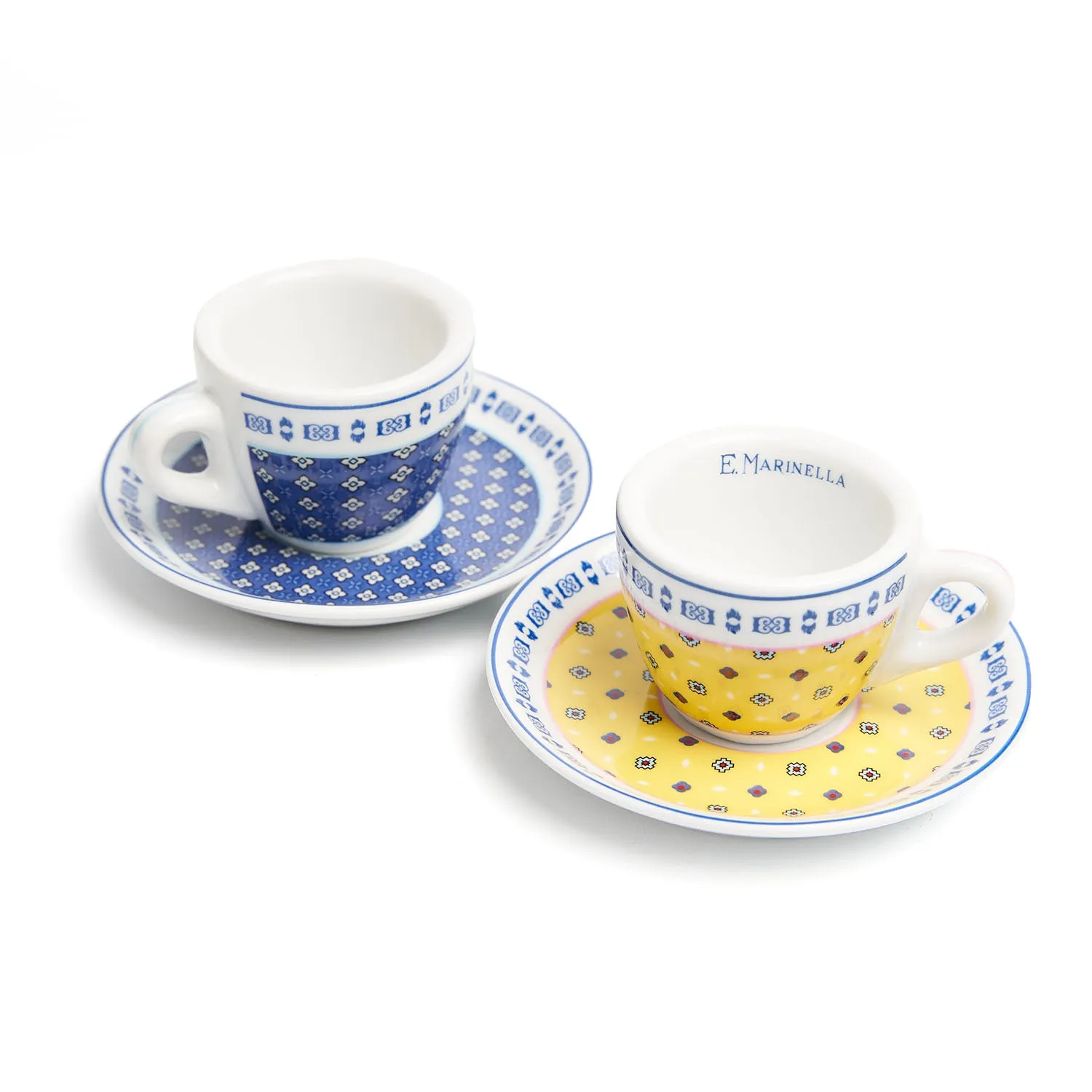 SET OF TWO POWDER BLUE AND YELLOW COFFEE CUP WITH SAUCER