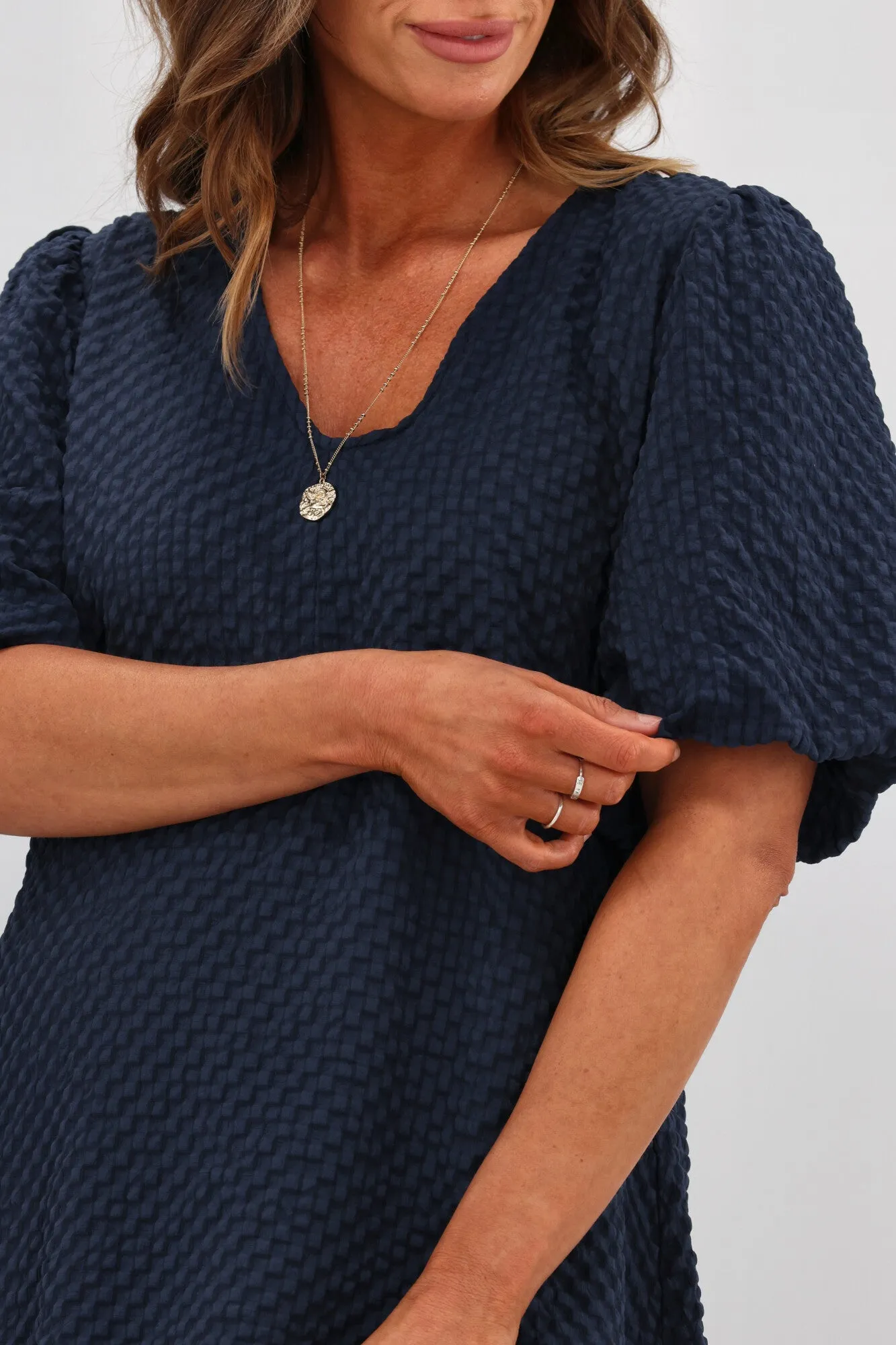 Shine On Label Adelaide Puff Sleeve Textured Midi Dress Ink
