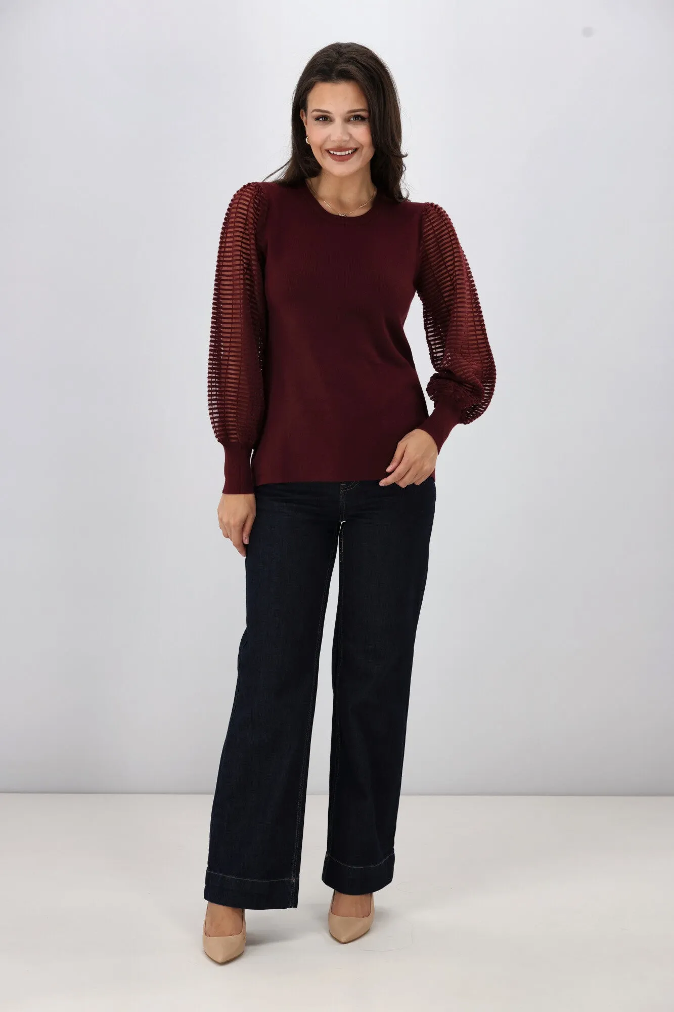 Shine On Label Olivia Contrast Sleeve Knit Top Merlot
