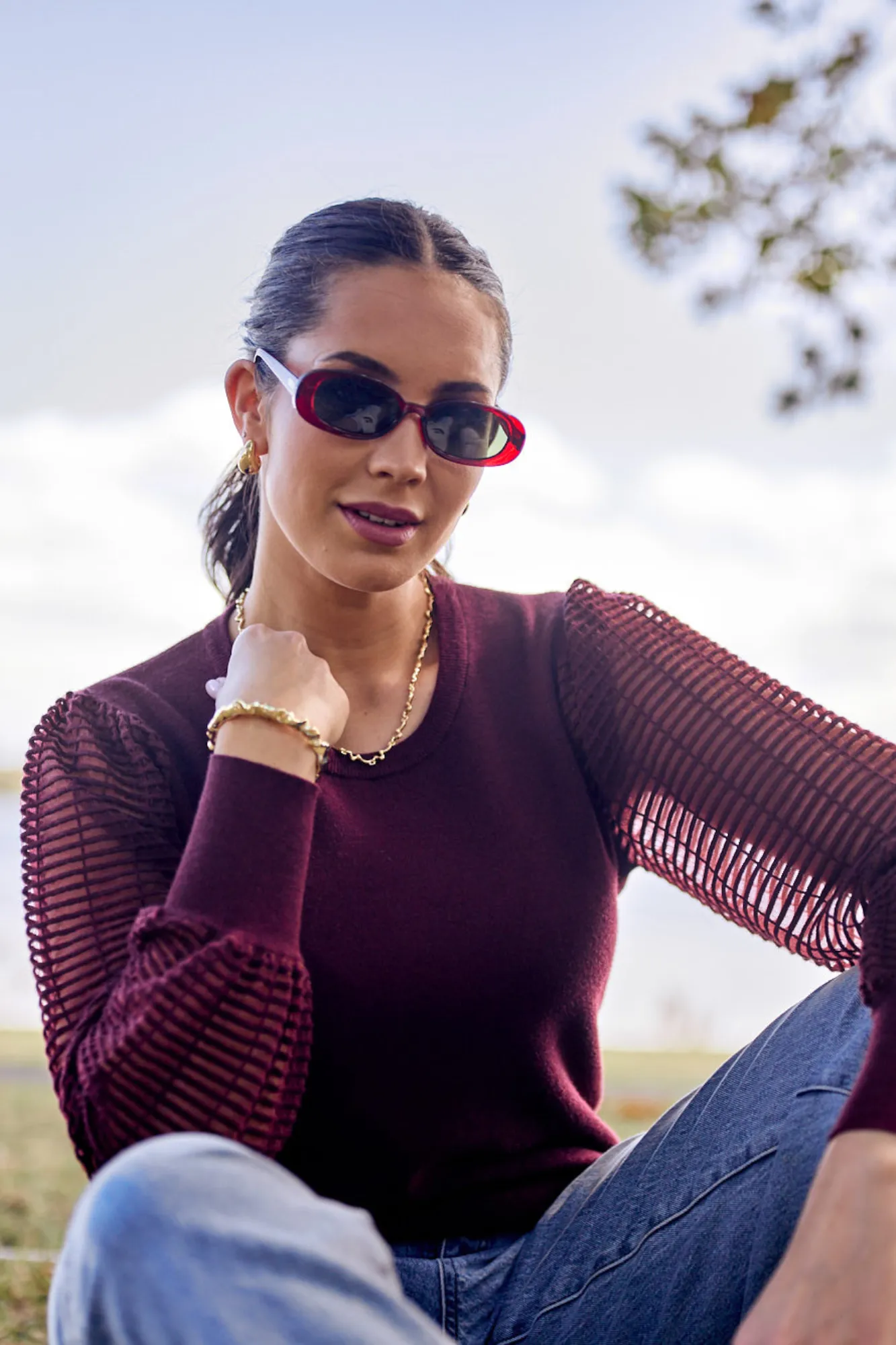 Shine On Label Olivia Contrast Sleeve Knit Top Merlot