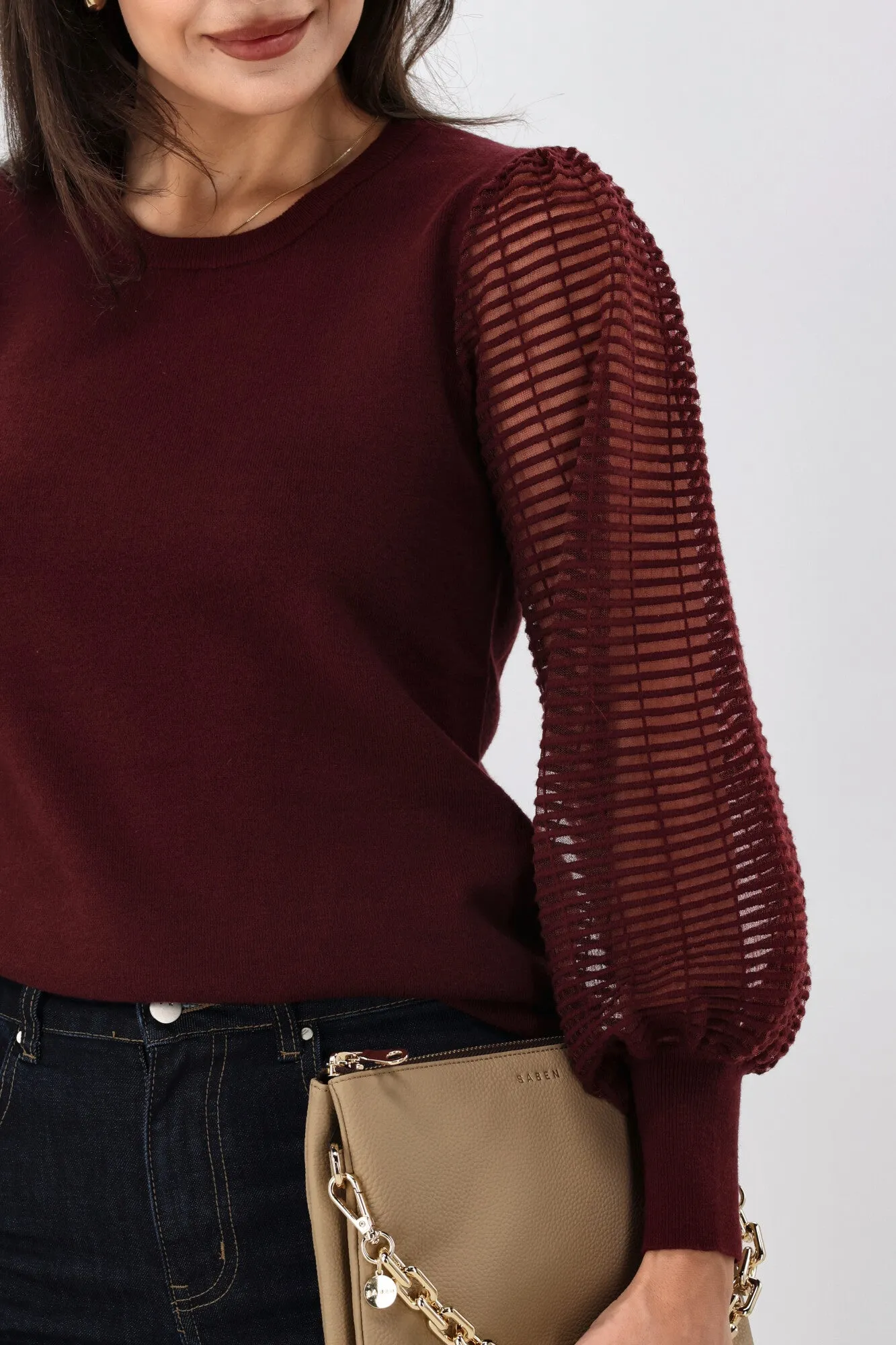 Shine On Label Olivia Contrast Sleeve Knit Top Merlot