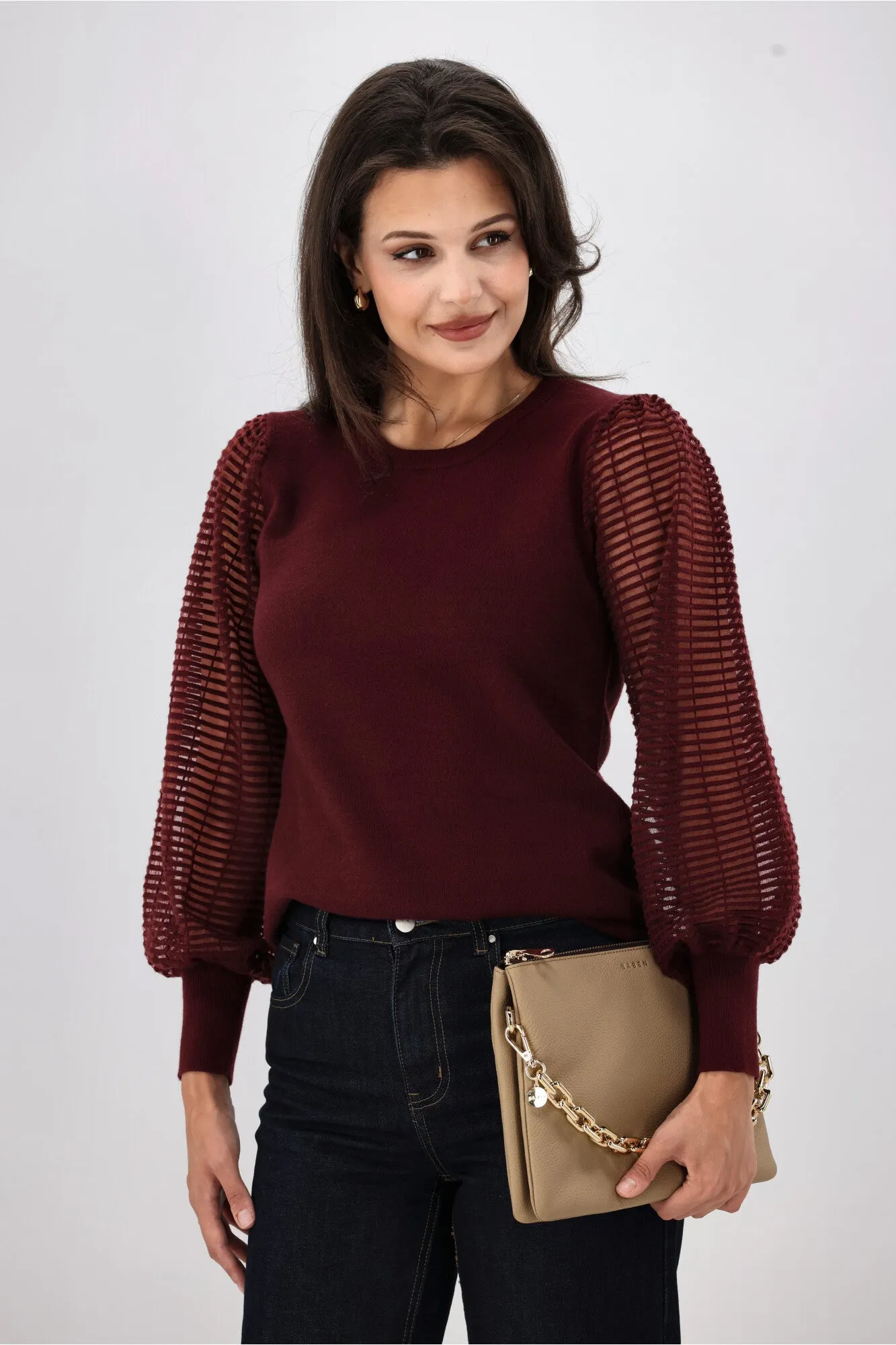 Shine On Label Olivia Contrast Sleeve Knit Top Merlot