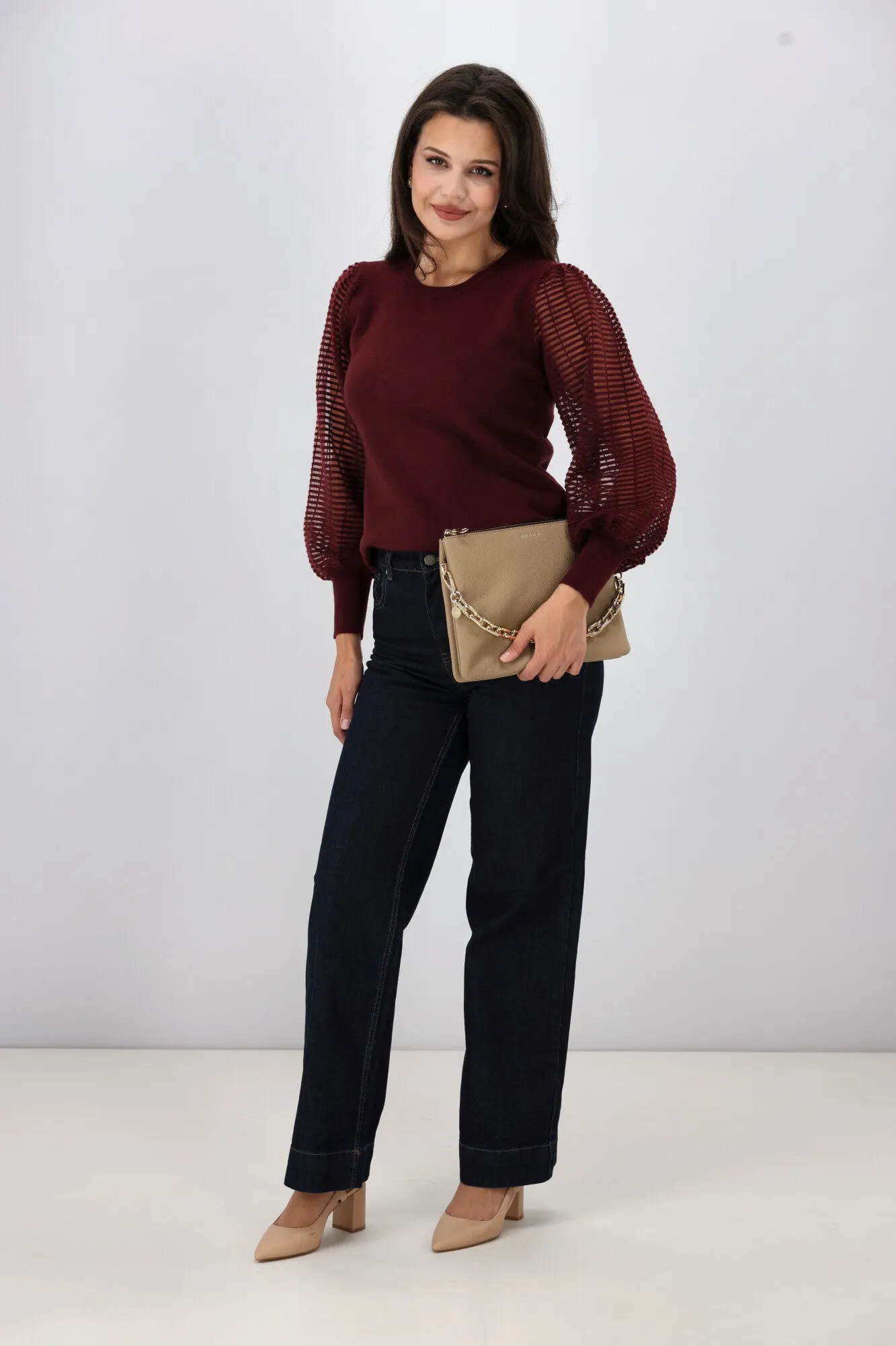 Shine On Label Olivia Contrast Sleeve Knit Top Merlot