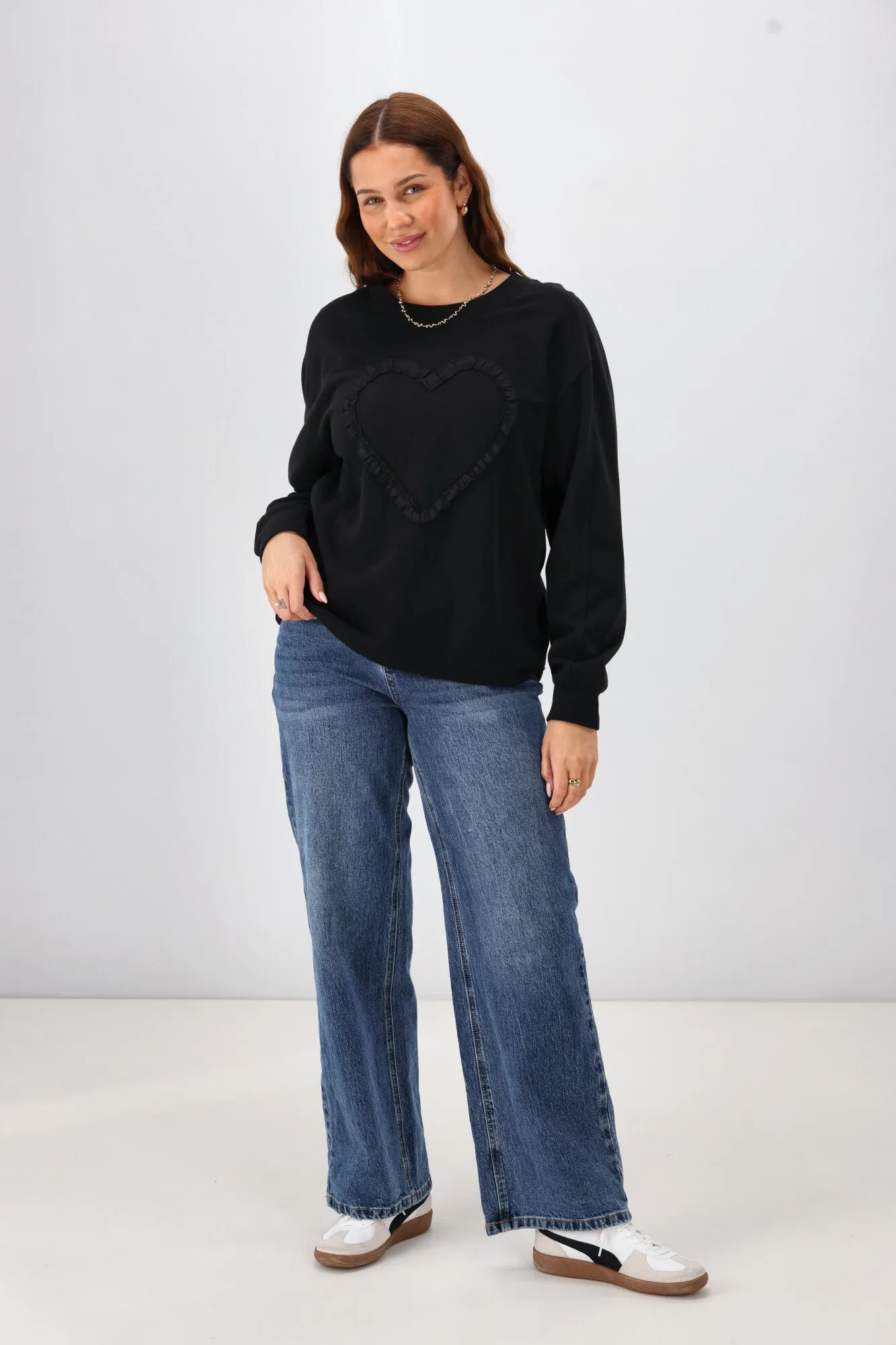 Shine On Label Riley Frill Heart Crew Black
