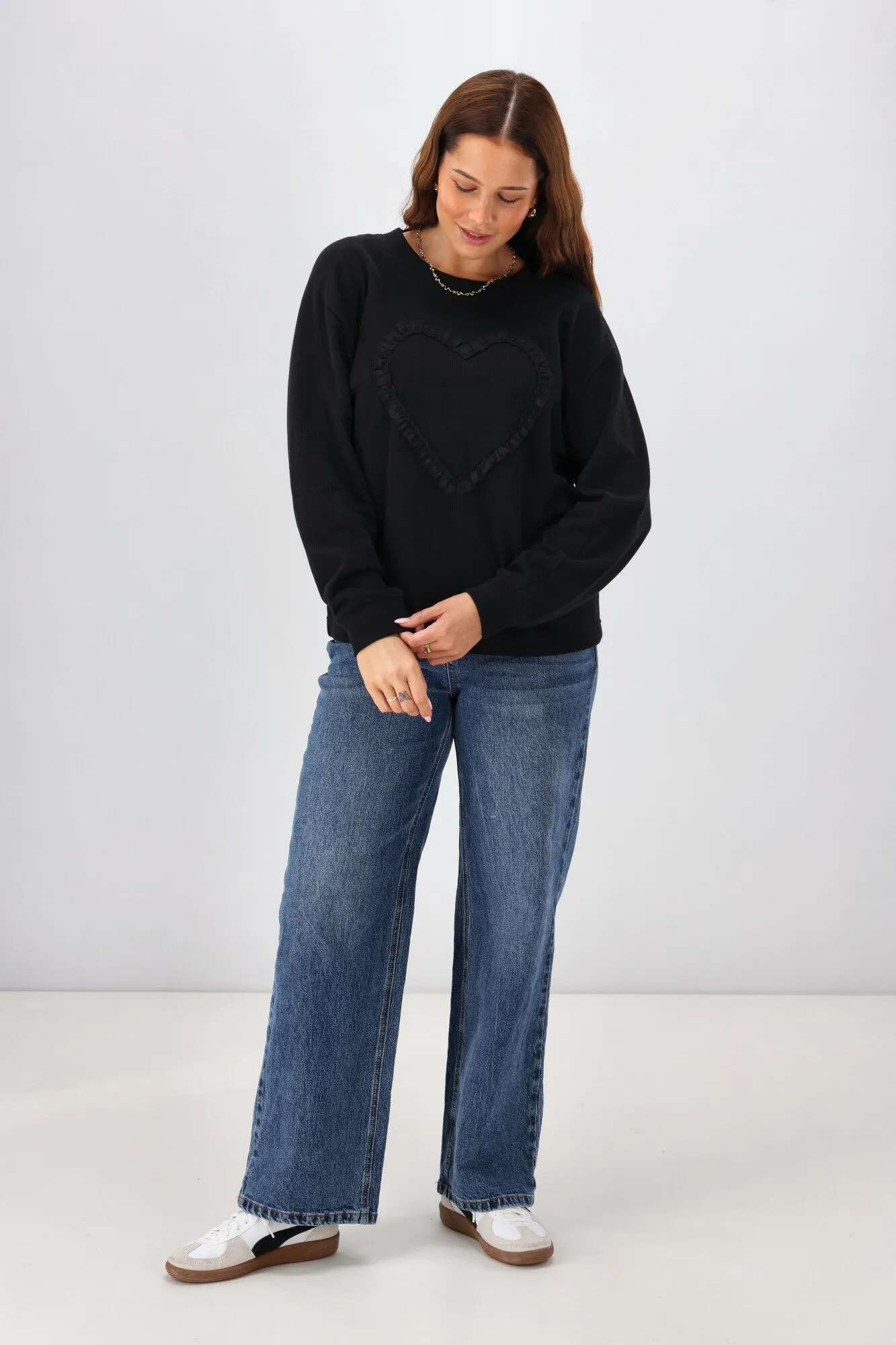 Shine On Label Riley Frill Heart Crew Black