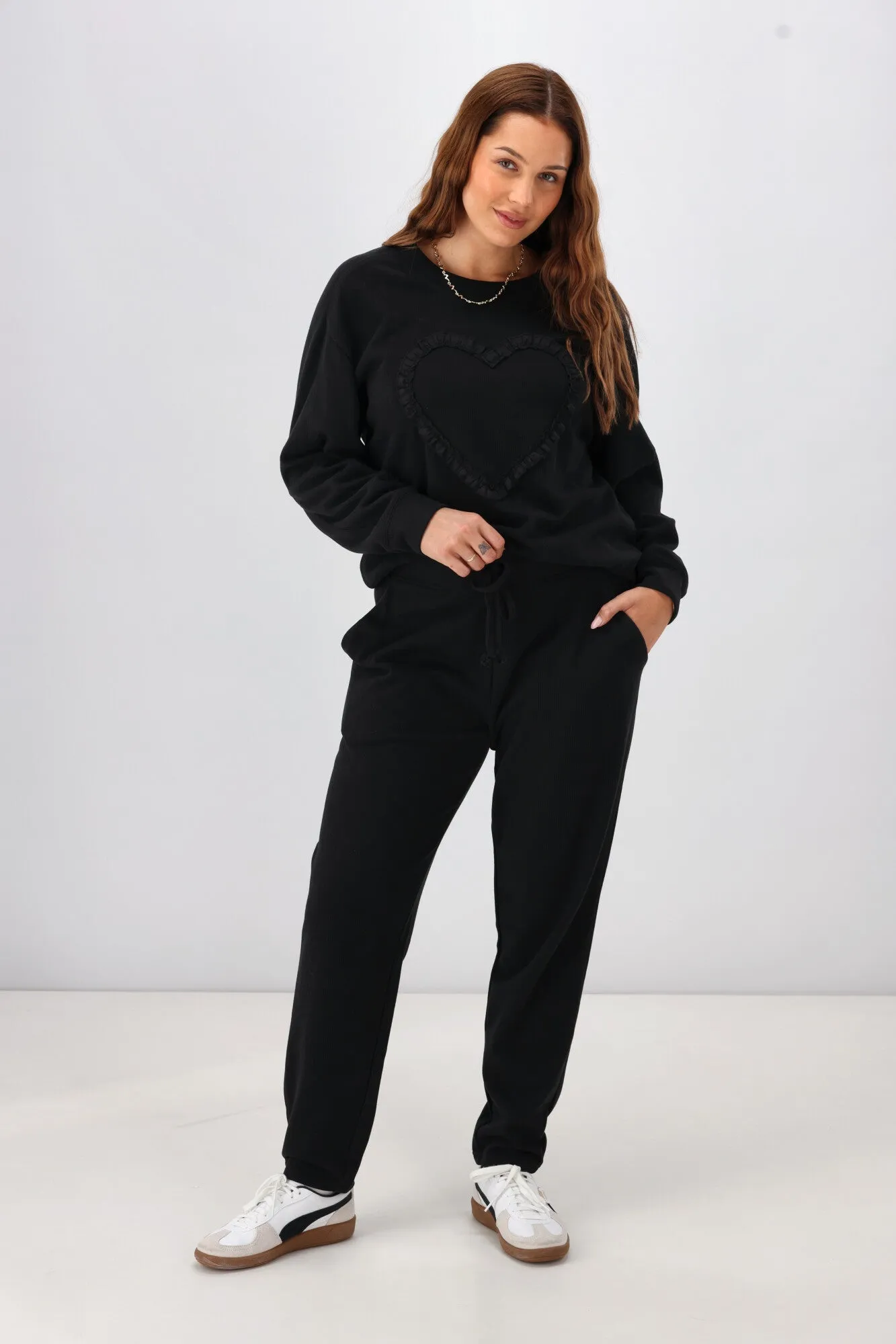 Shine On Label Riley Frill Heart Crew Black