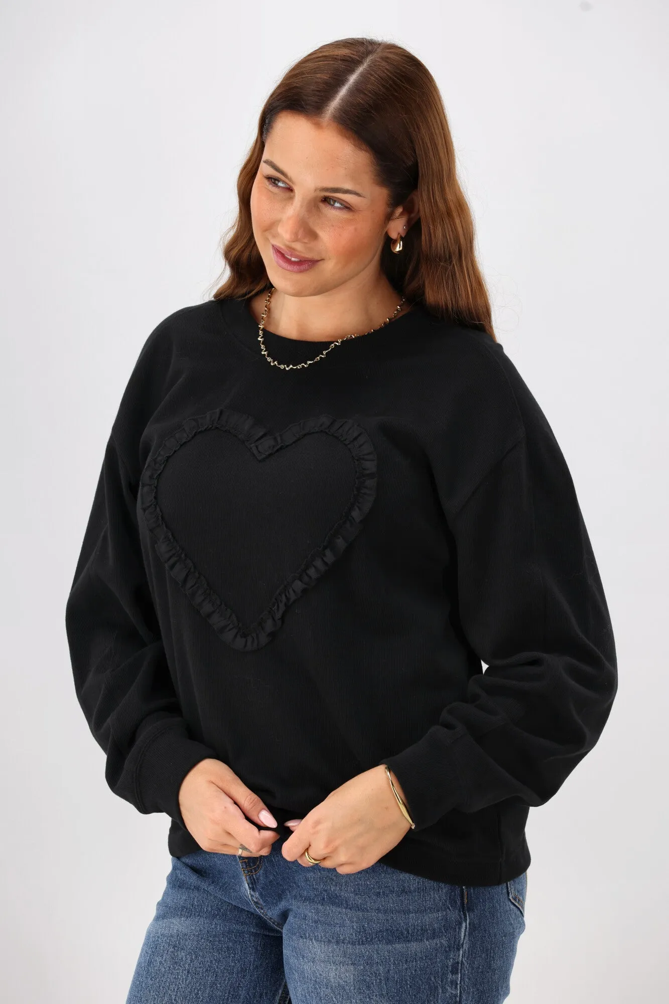 Shine On Label Riley Frill Heart Crew Black