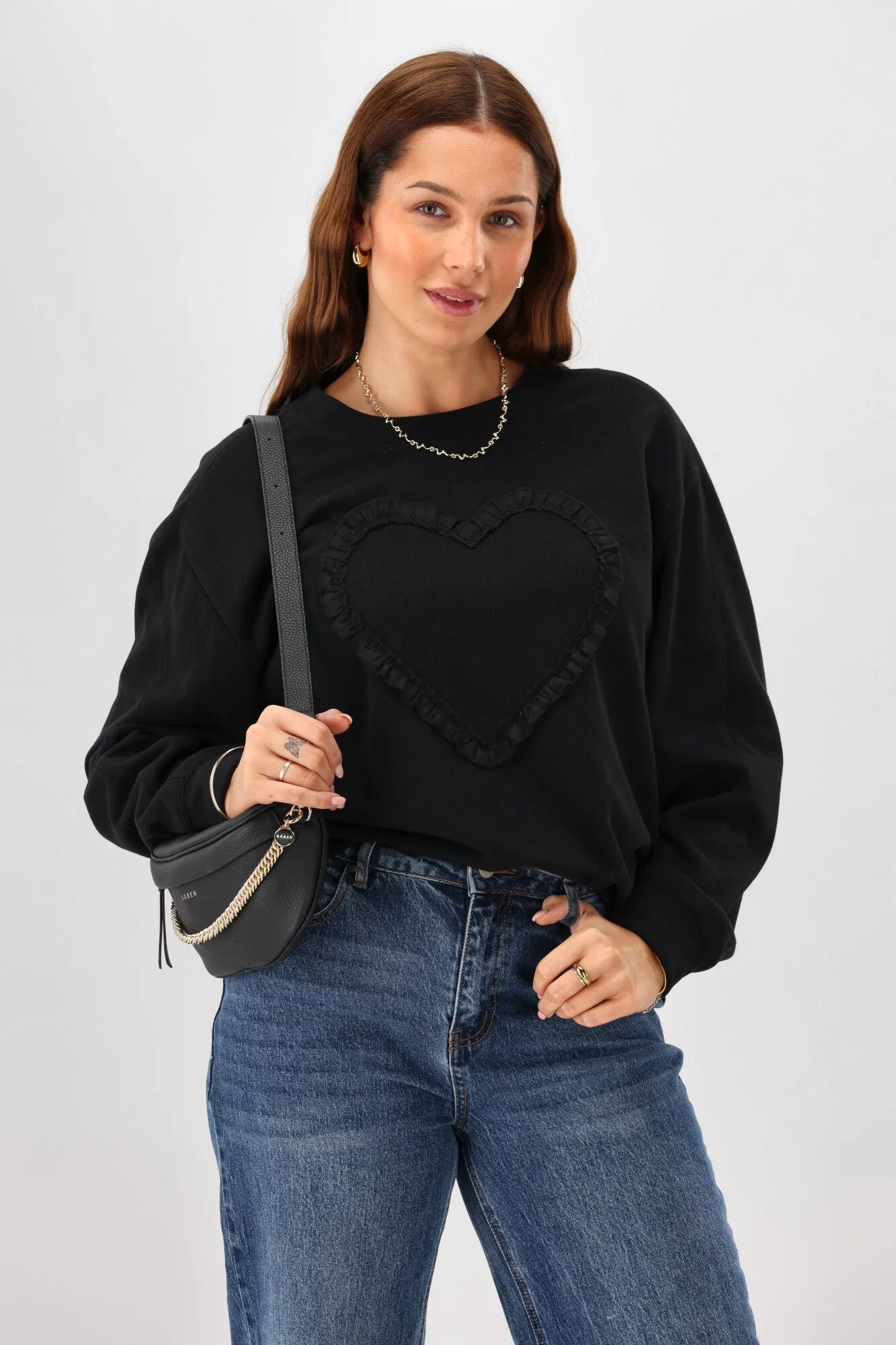 Shine On Label Riley Frill Heart Crew Black