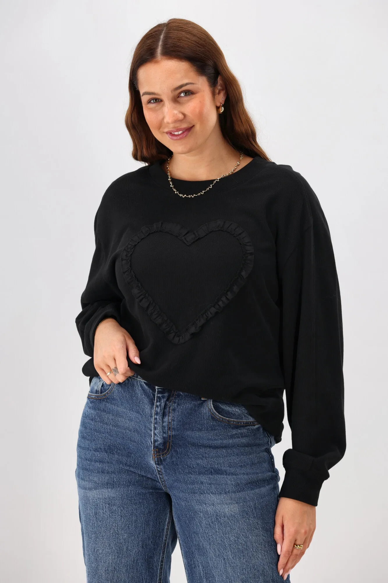 Shine On Label Riley Frill Heart Crew Black