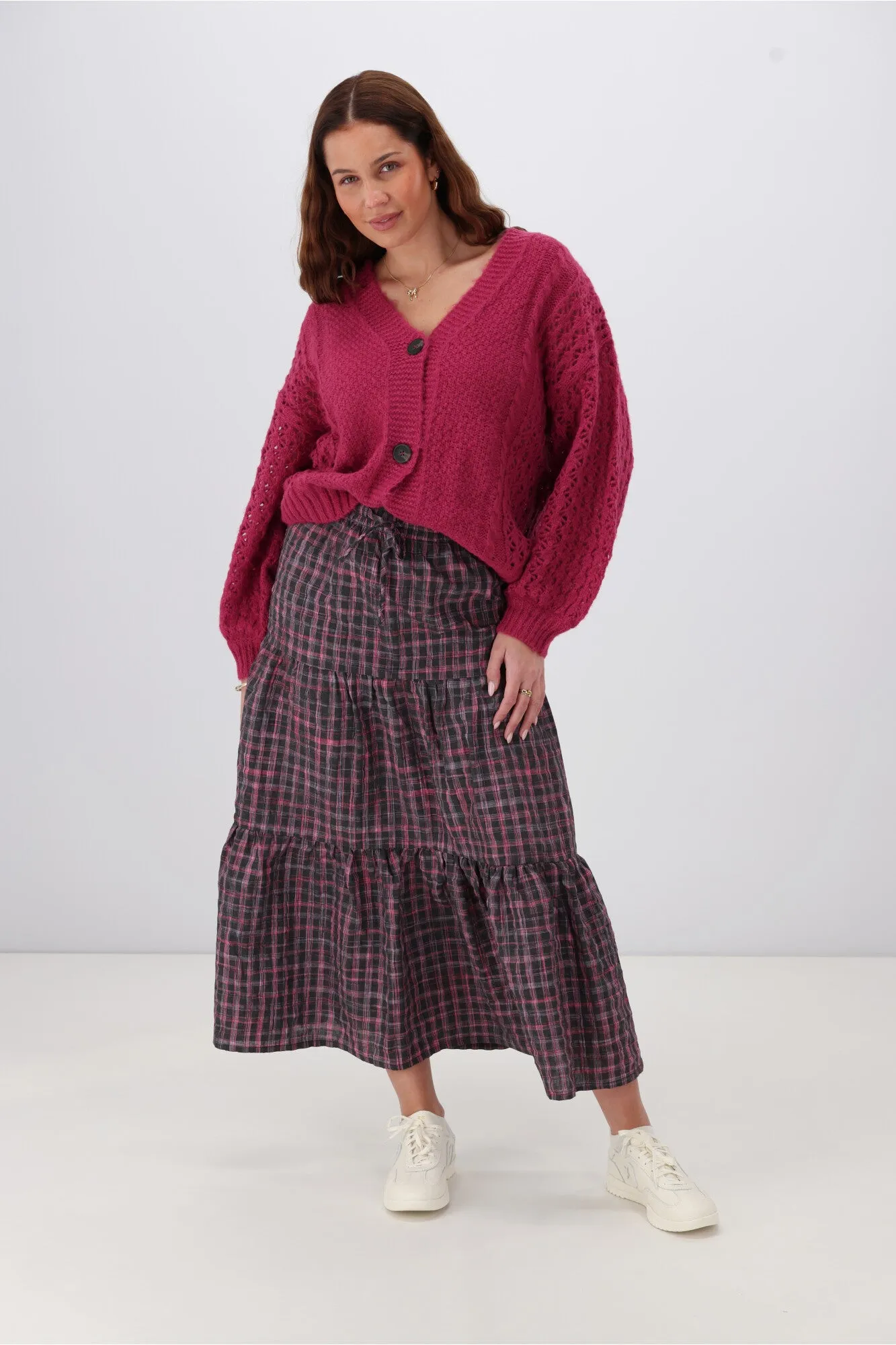 Shine On Label Roxie Tiered Maxi Skirt Black Pink Check